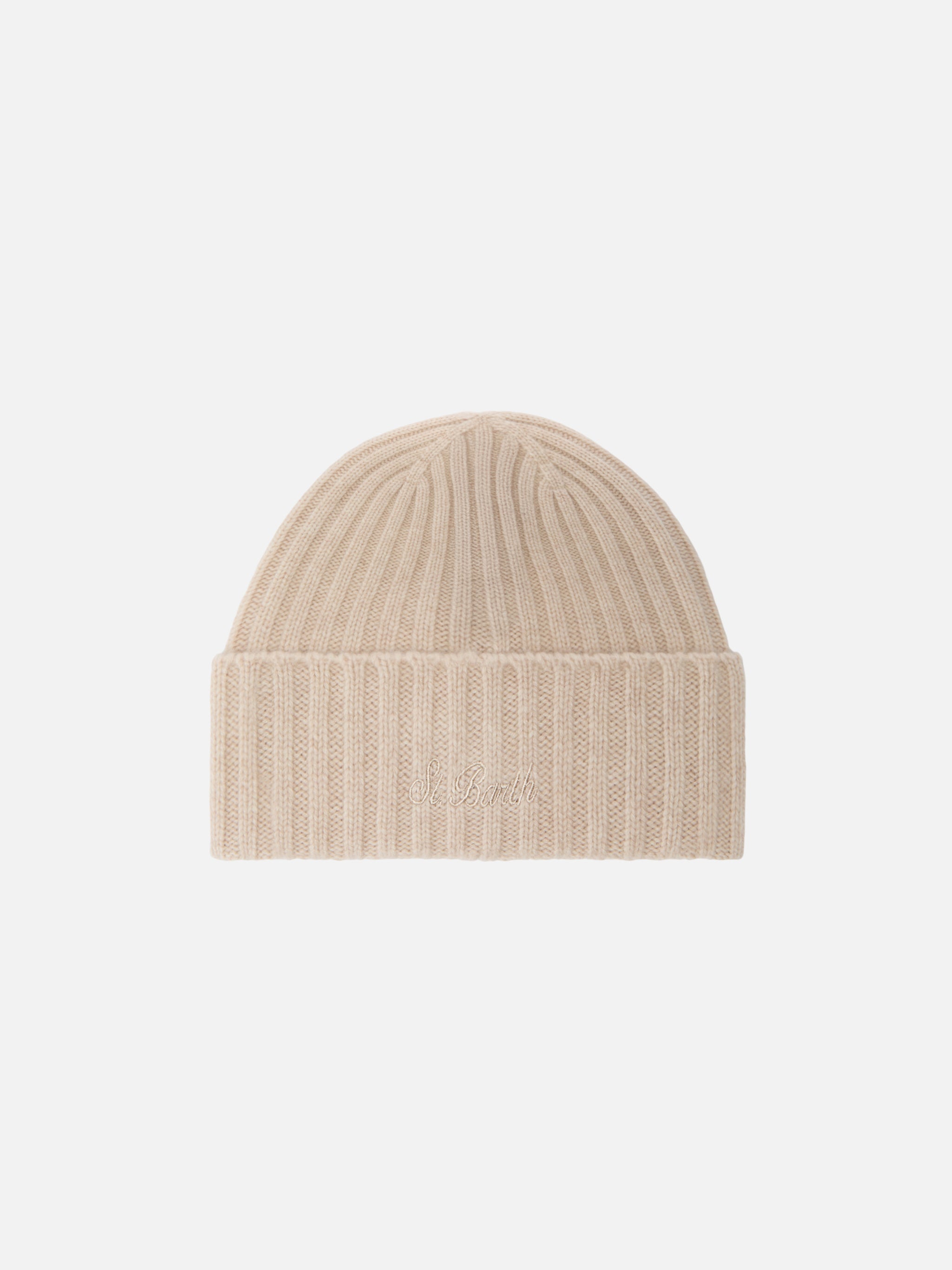 Wengen Beanie Beige Melange Cashmere With St. Barth Embroidery On The Turn-Up Brown Hat