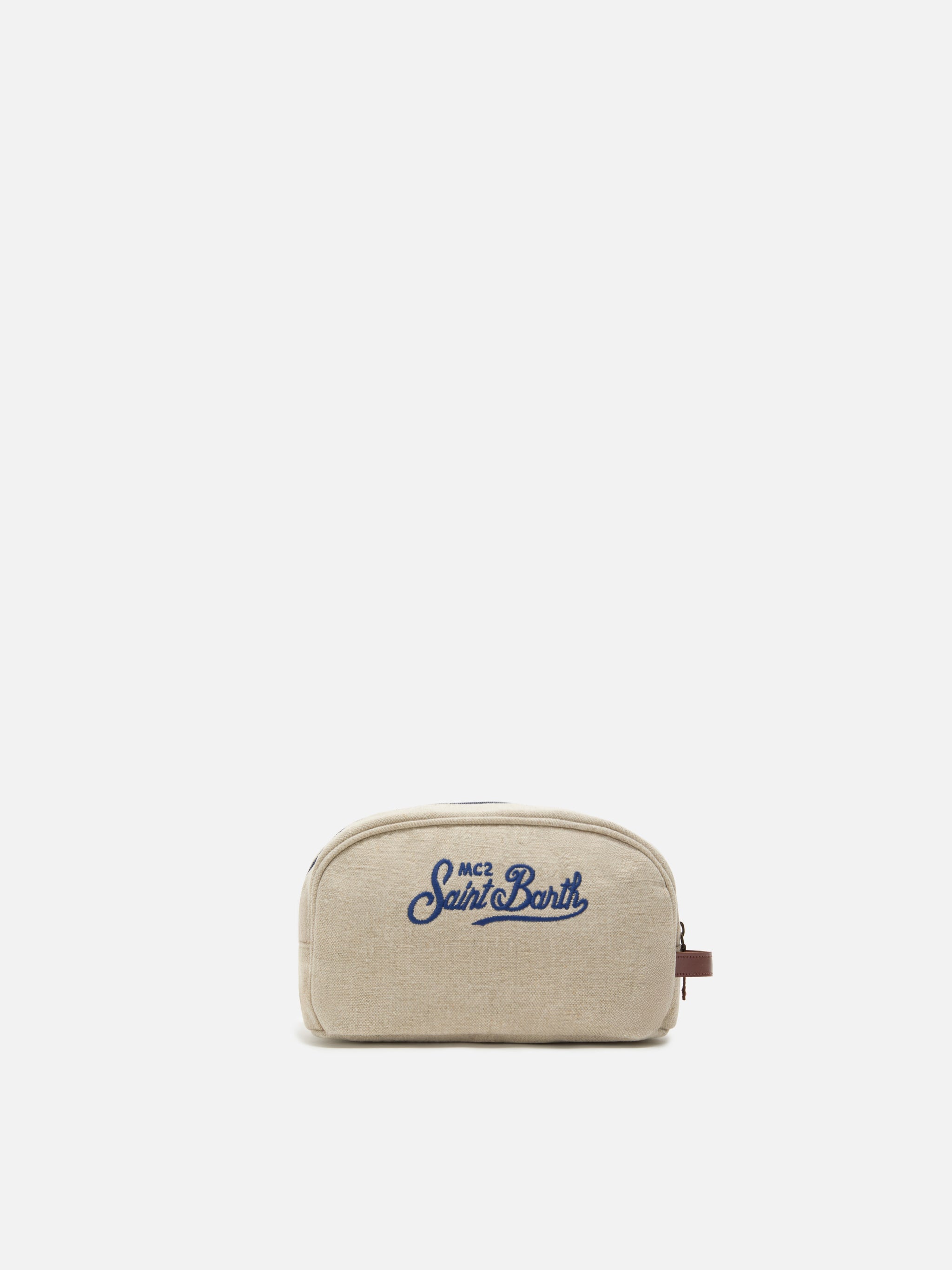 Beige Westwood Linen Beauty Bag With Embroidered Logo White Pochette