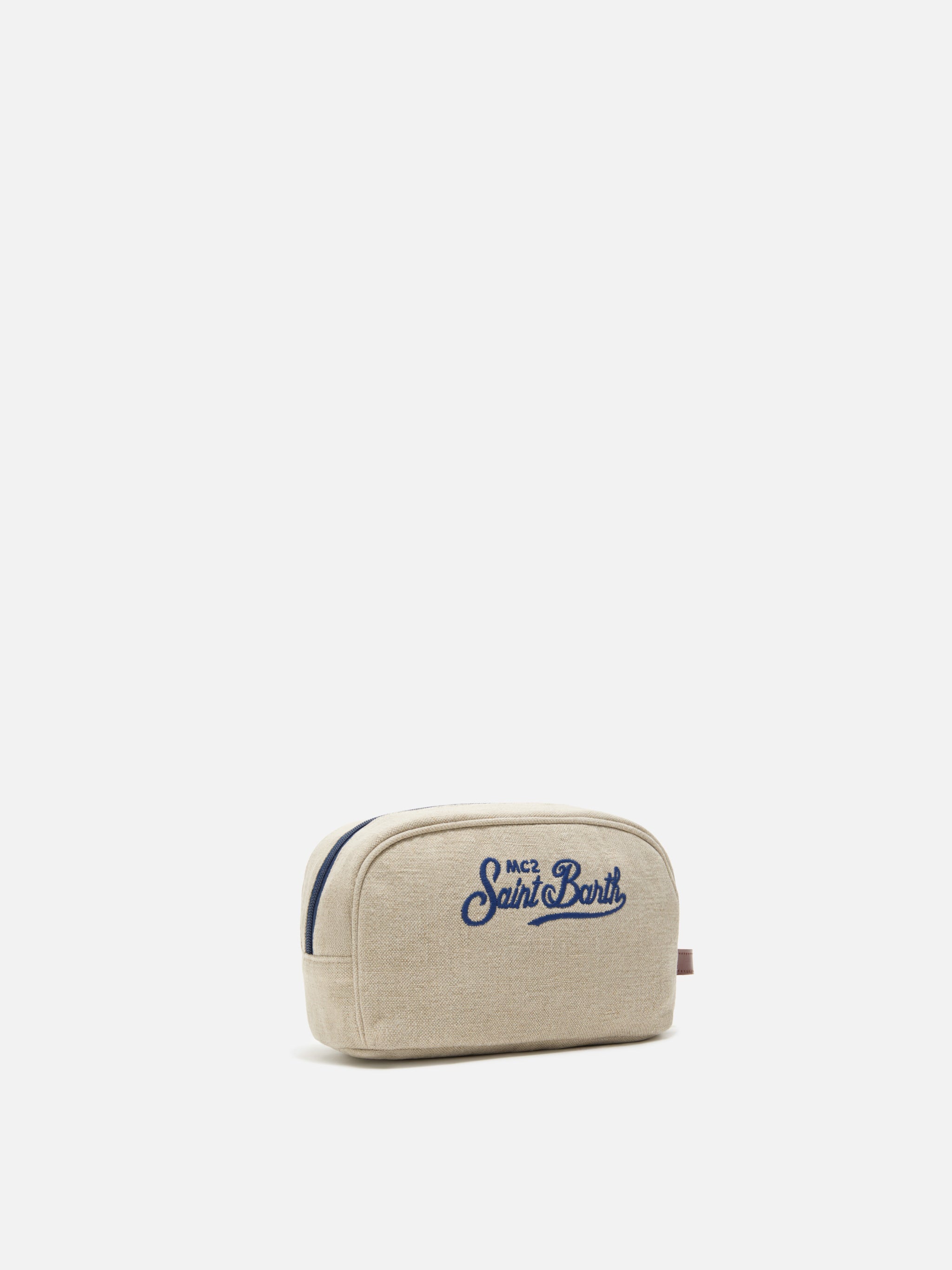 Beige Westwood Linen Beauty Bag With Embroidered Logo White Pochette