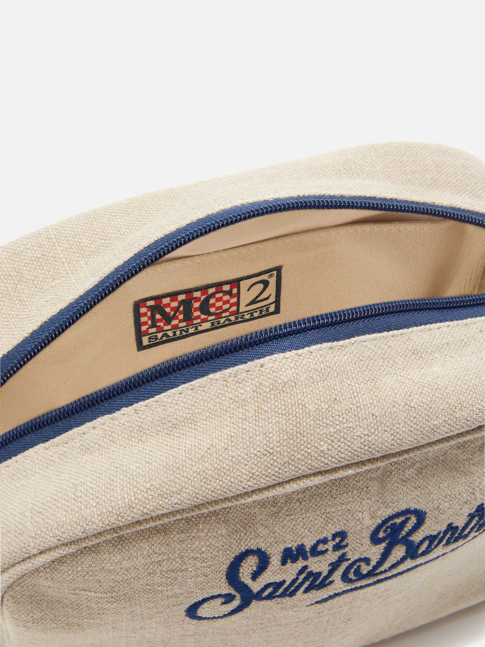 Beige Westwood Linen Beauty Bag With Embroidered Logo White Pochette
