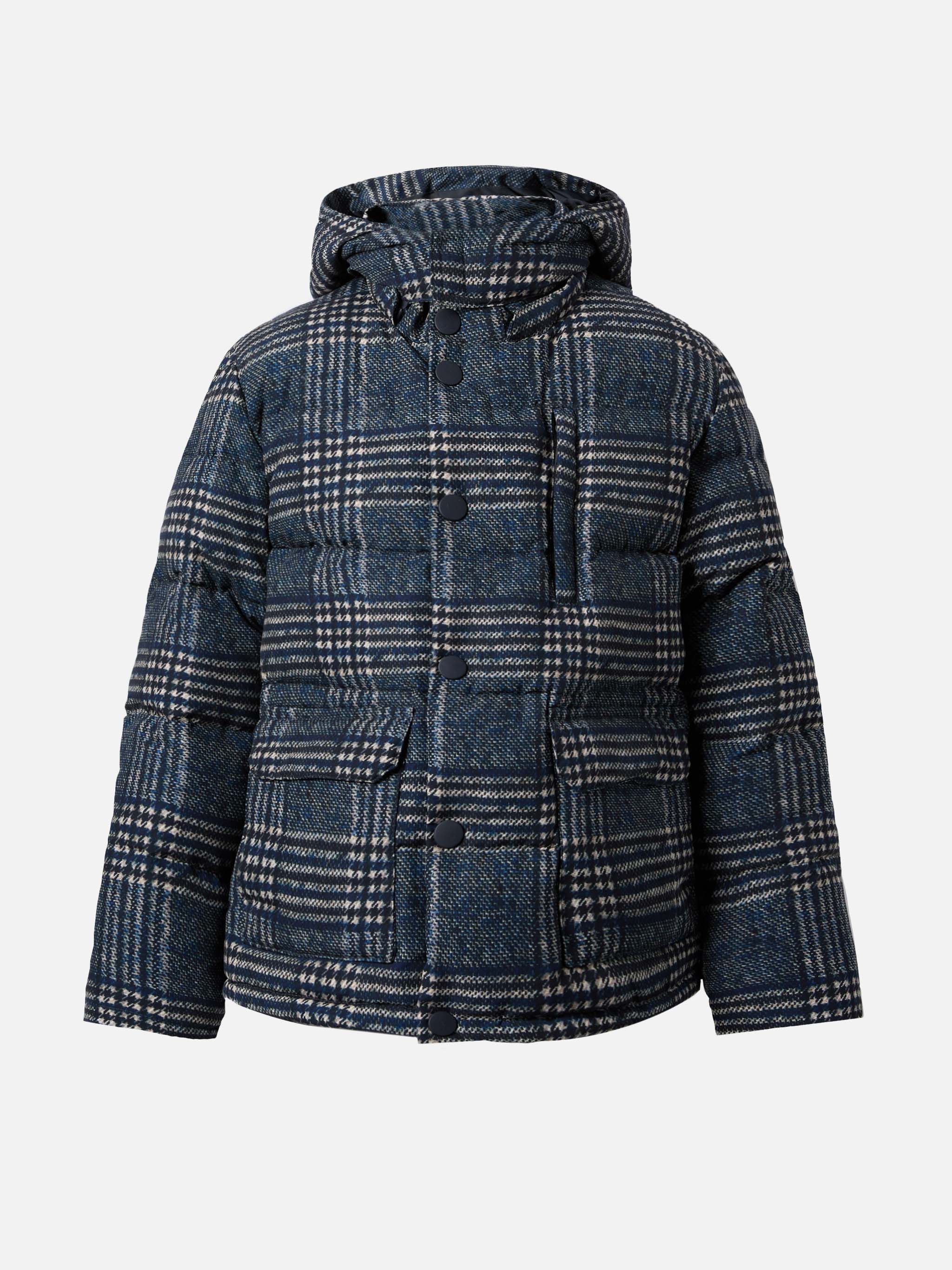 Hooded Down Padded Jacket Young With Prince Of Wales Print Blue