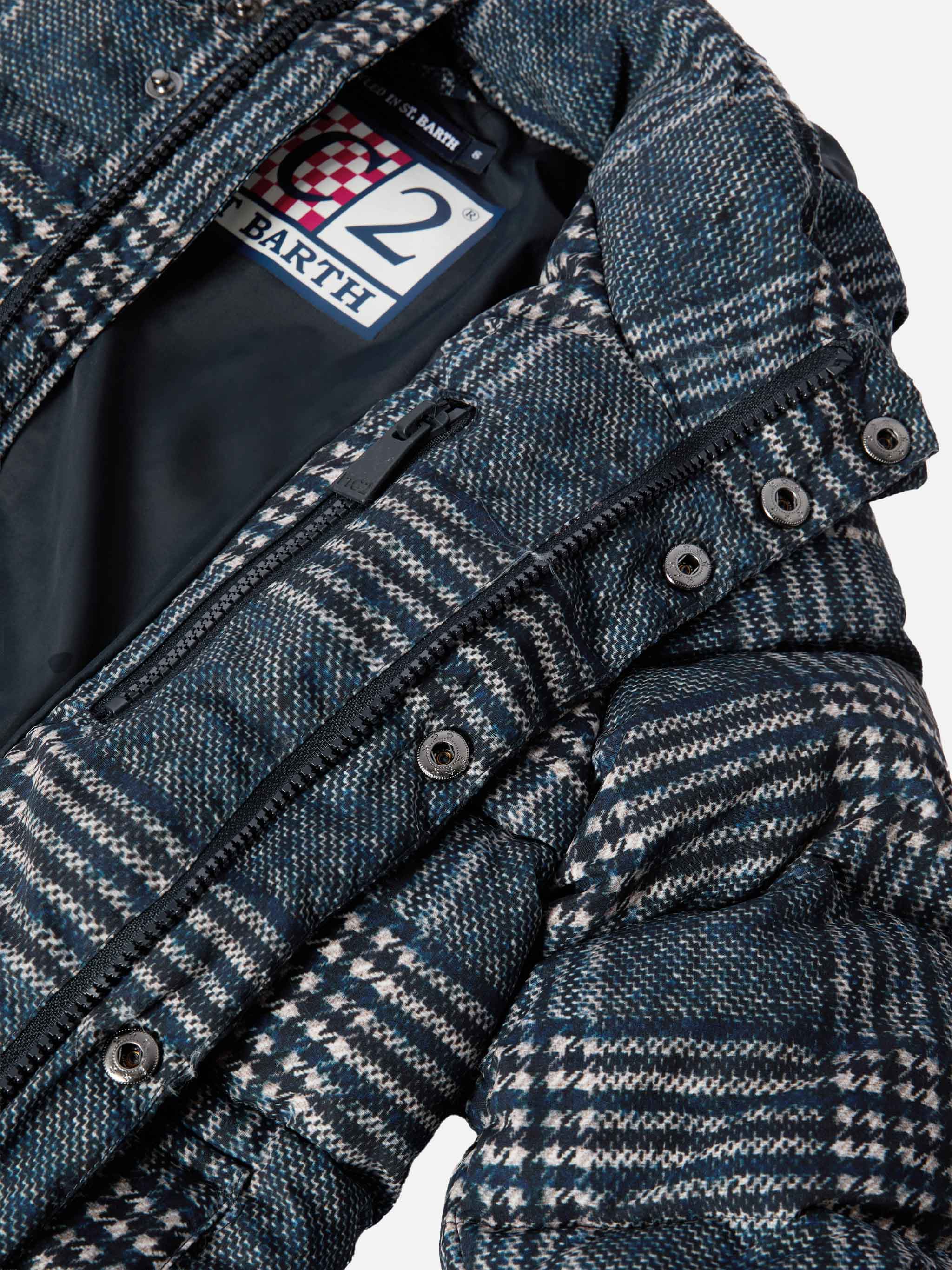 Hooded Down Padded Jacket Young With Prince Of Wales Print Blue
