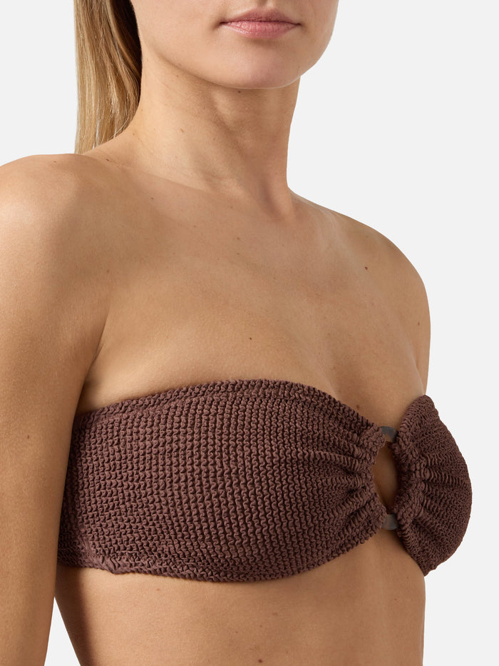 Yulia Bandeau Bikini Top Brown Crinkle Fabric