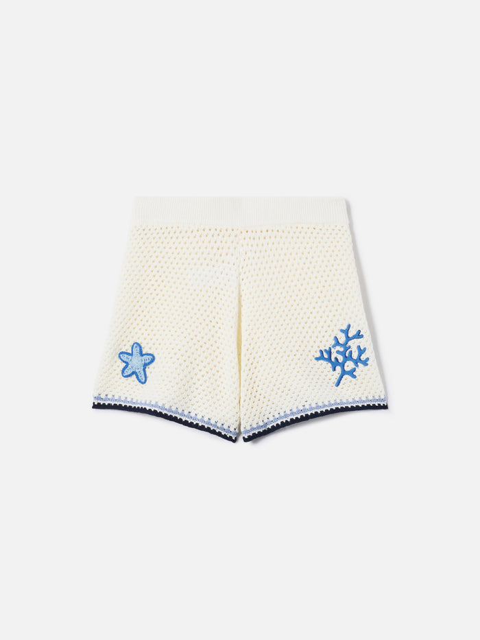 Yvette Knit Shorts With Marine-Themed Crochet Patches White Pant