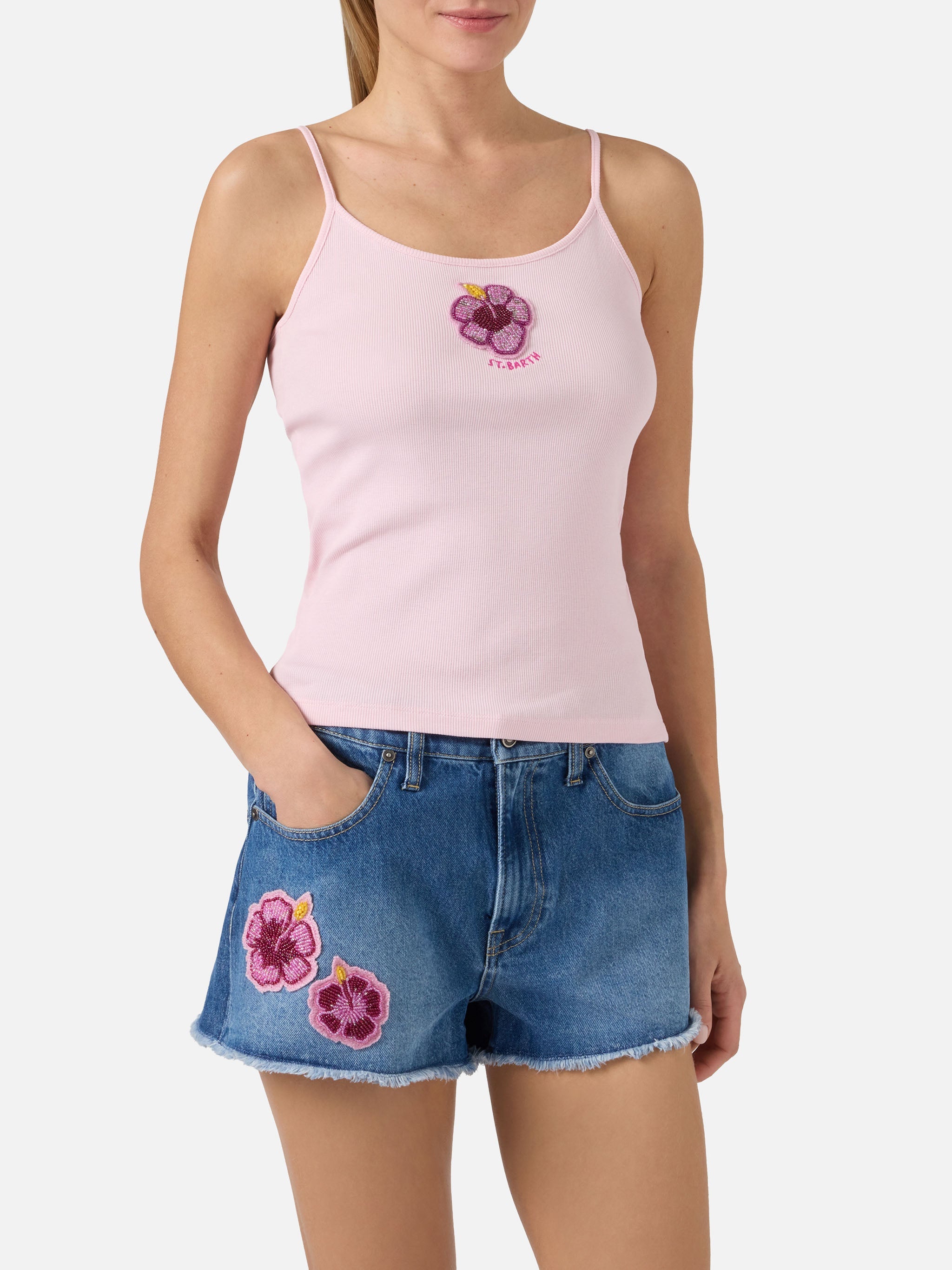 Pink Zaira Tank Top With Embroidered Logo And Bead Patch Top_apparel