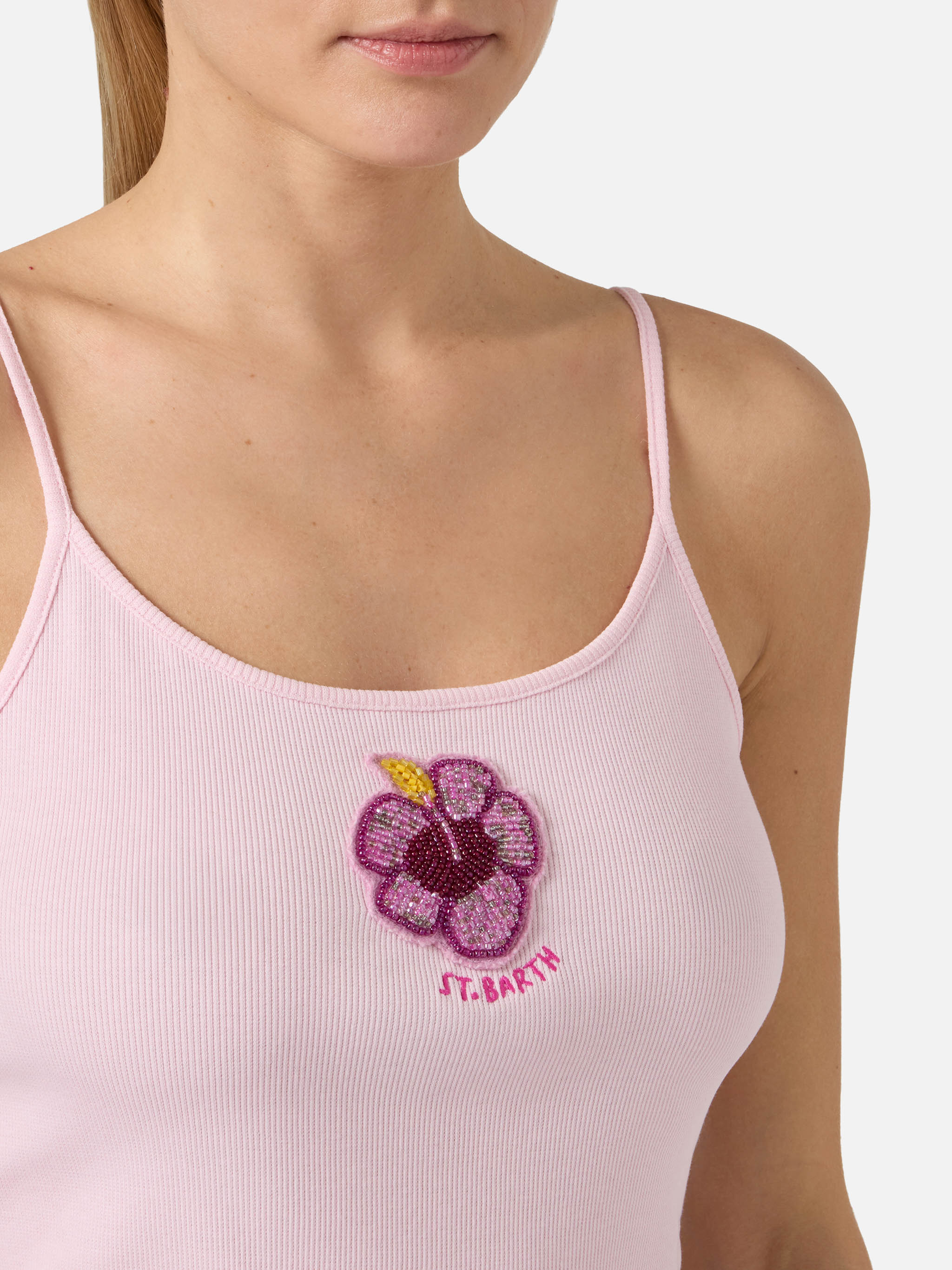 Pink Zaira Tank Top With Embroidered Logo And Bead Patch Top_apparel