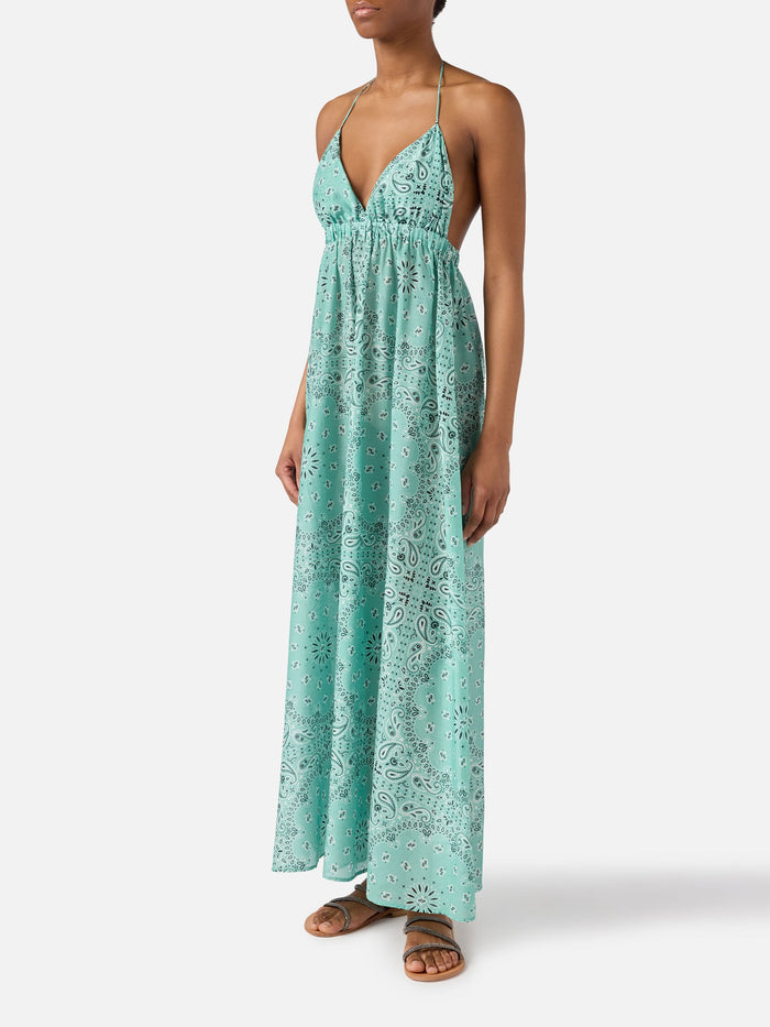 Long Zucky Dress Silk With Aqua Green Bandana Print