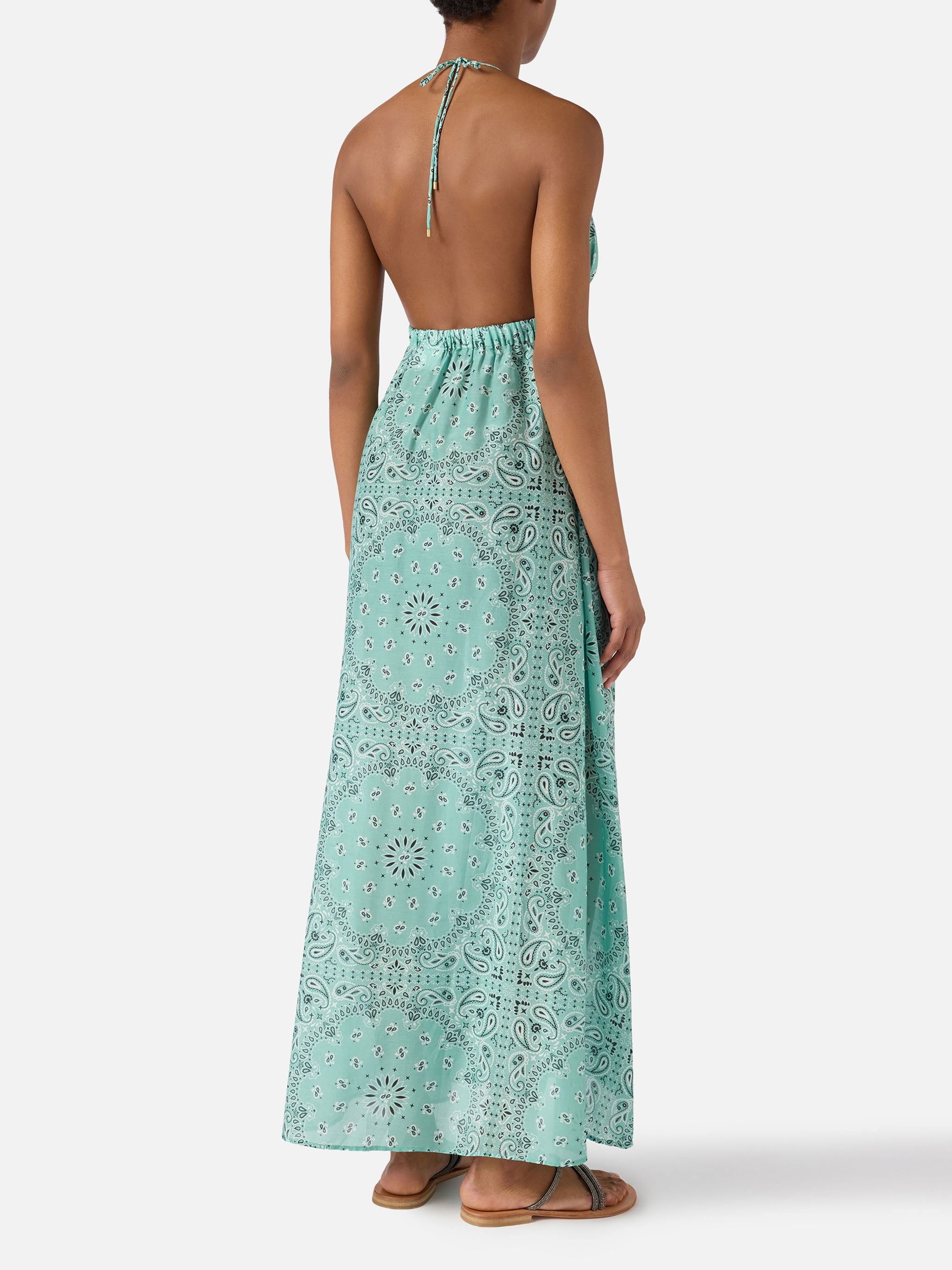 Long Zucky Dress Silk With Aqua Green Bandana Print