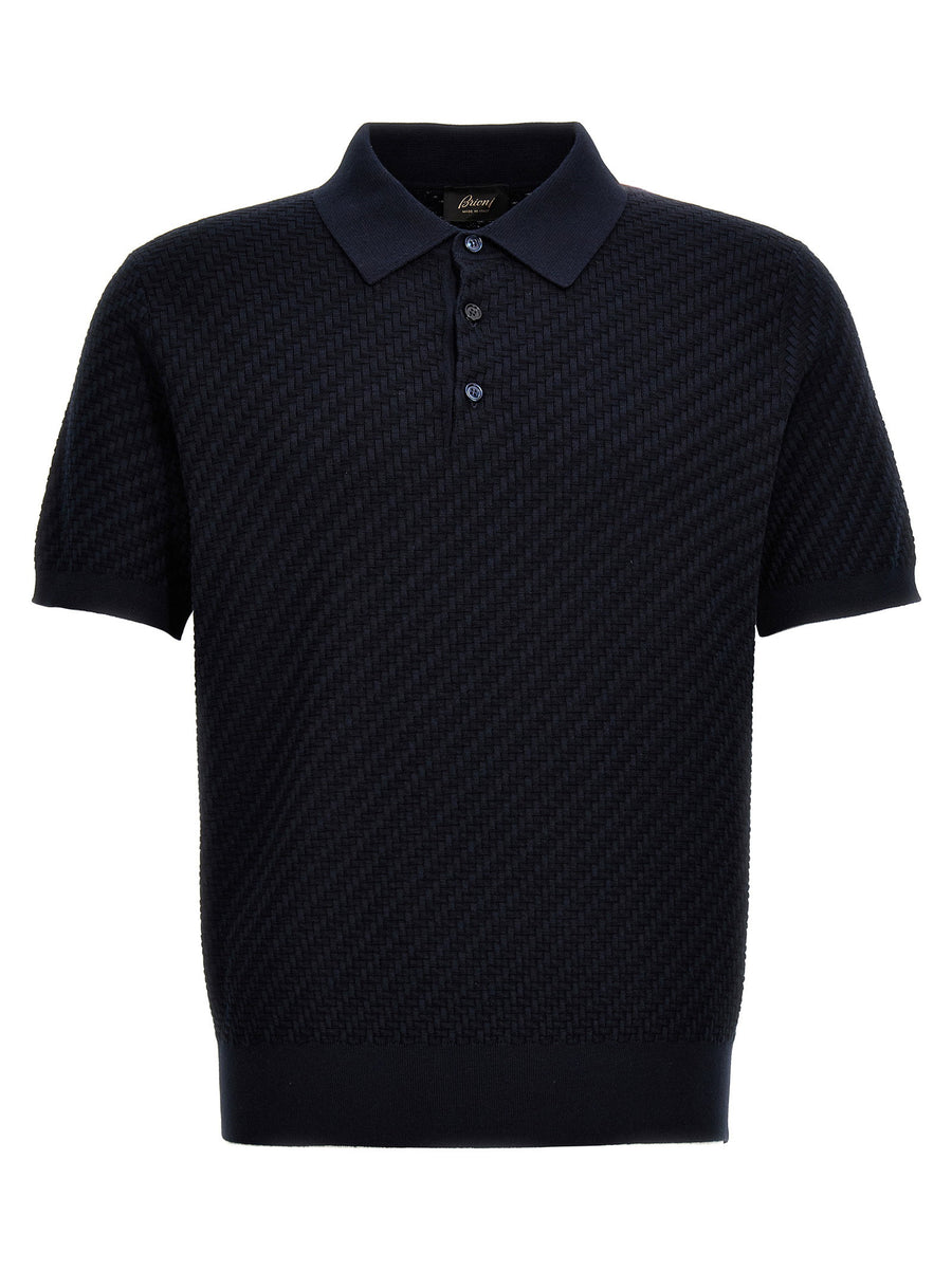 Brioni Woven Knit Cotton Blend Polo Shirt — Navy