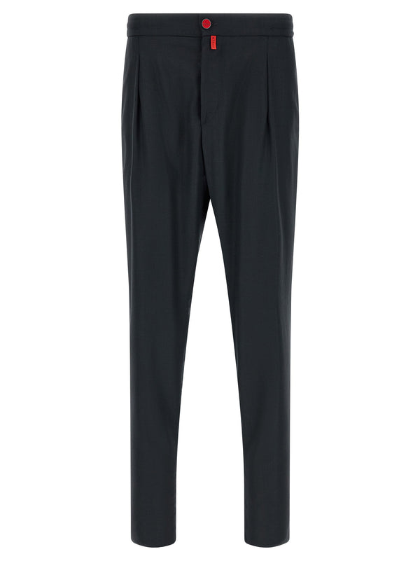 Kiton Virgin Wool with Contrast Red Button Trousers — Navy
