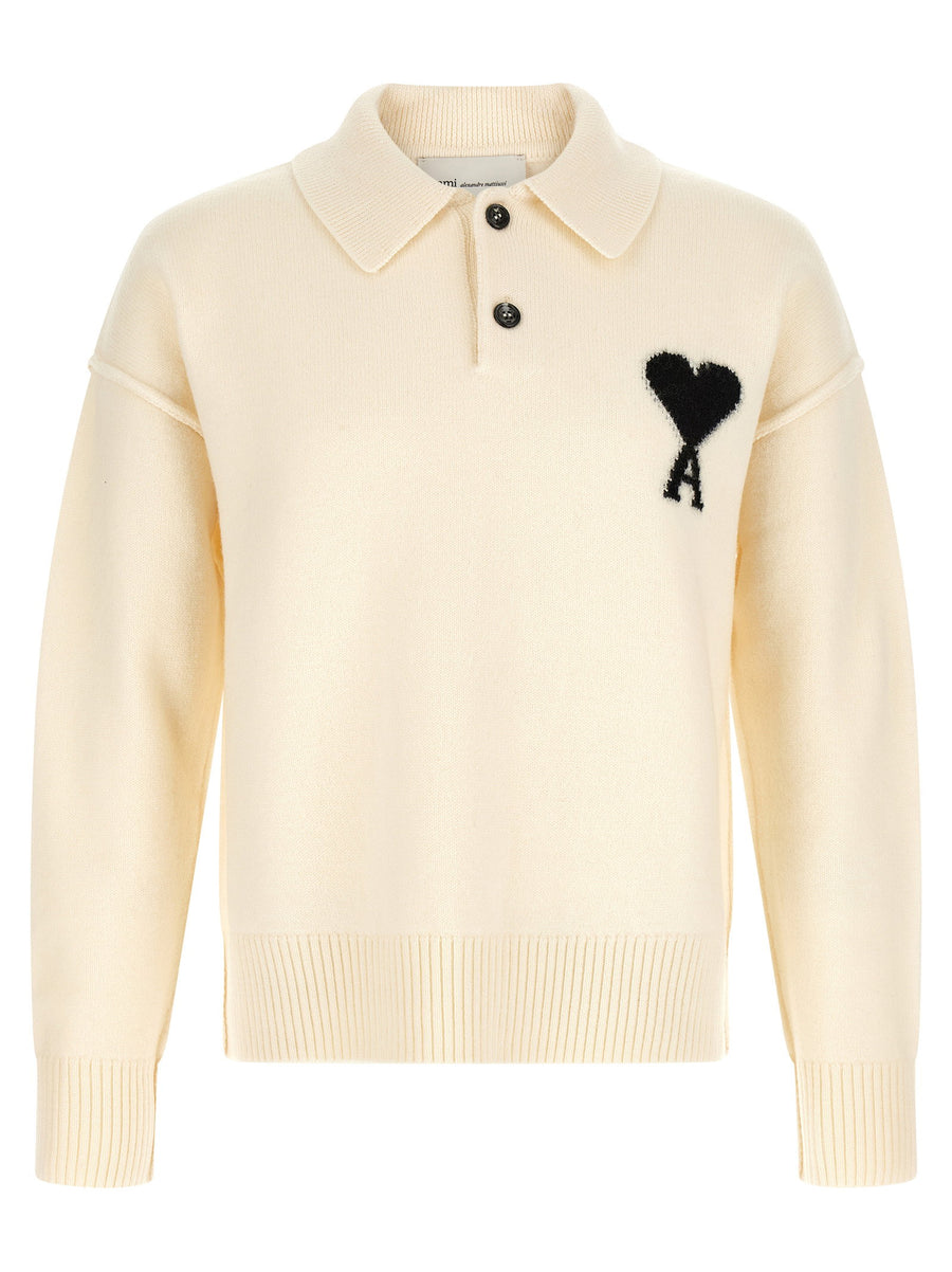 Ami Paris Logo-Intarsia Wool Polo — Cream