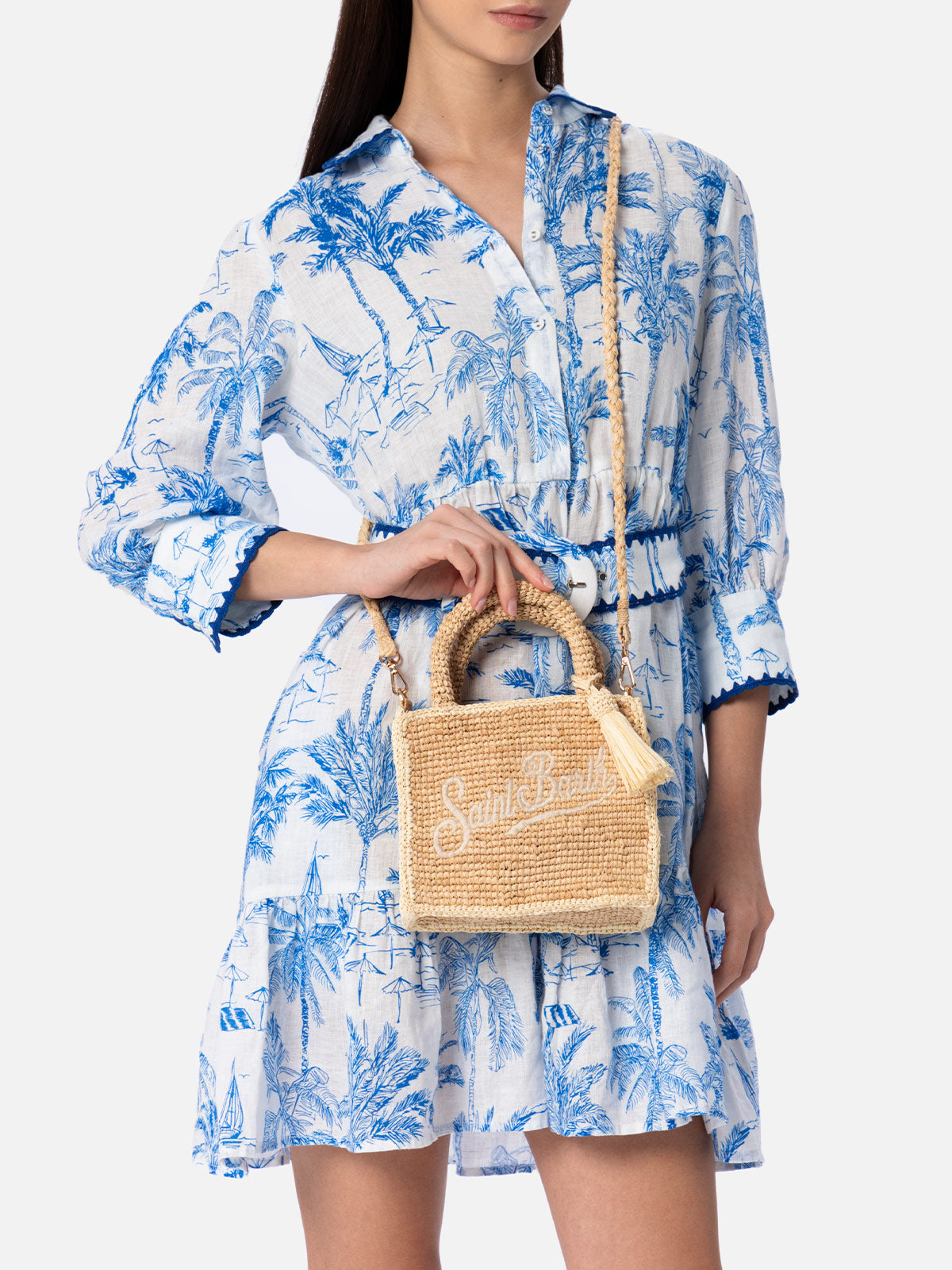 Beige Mini Vanity Raffia Bag With Saint Barth Embroidery White