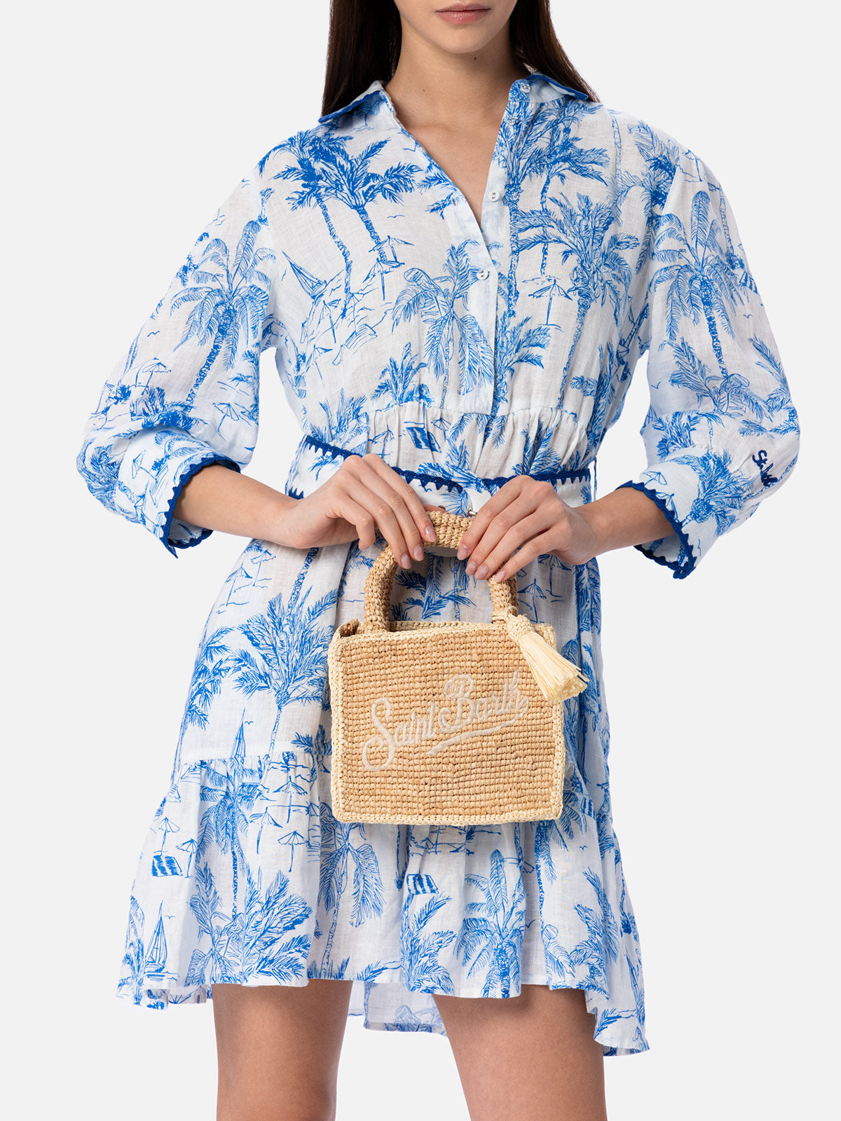 Beige Mini Vanity Raffia Bag With Saint Barth Embroidery White