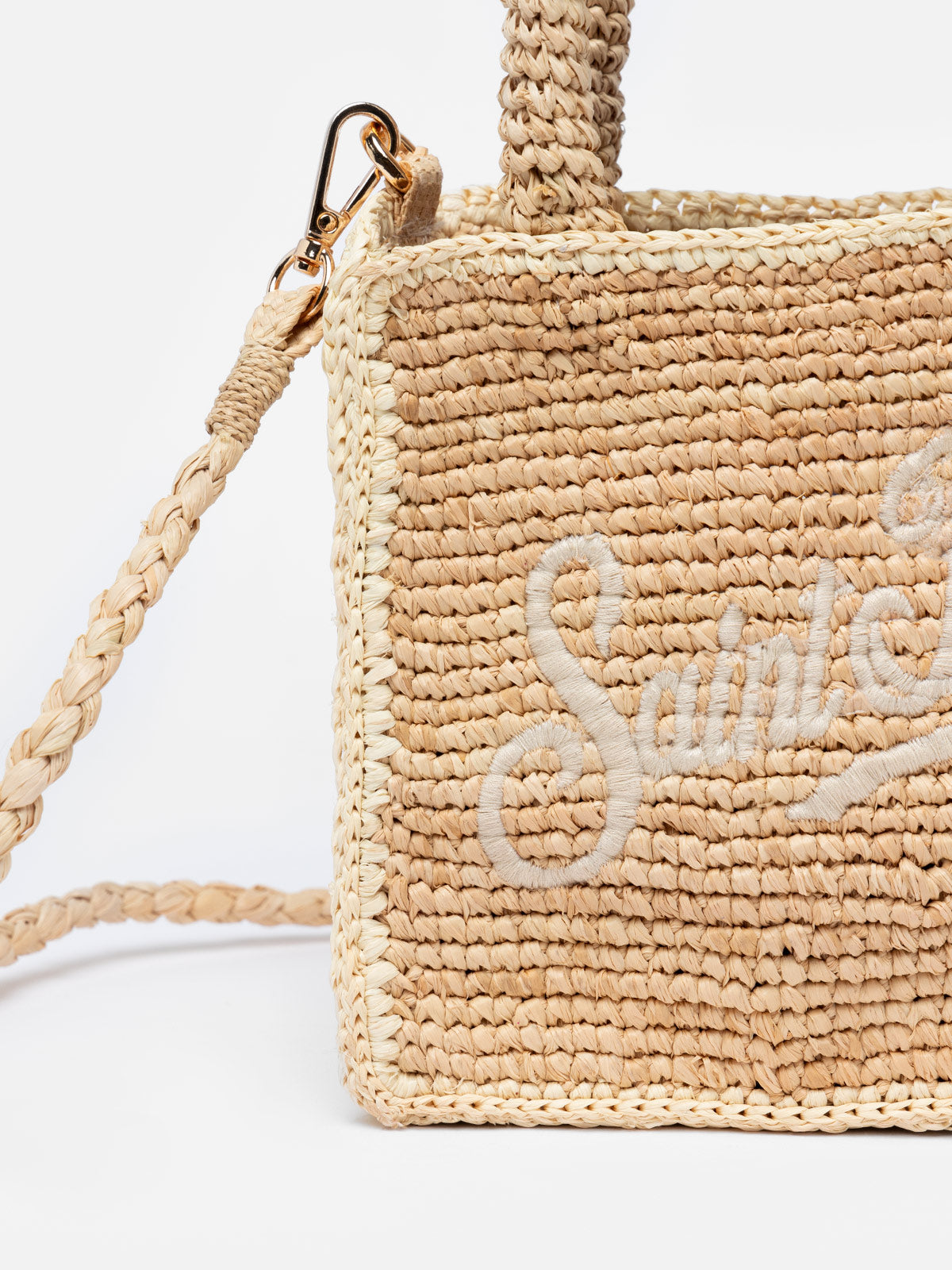 Beige Mini Vanity Raffia Bag With Saint Barth Embroidery White
