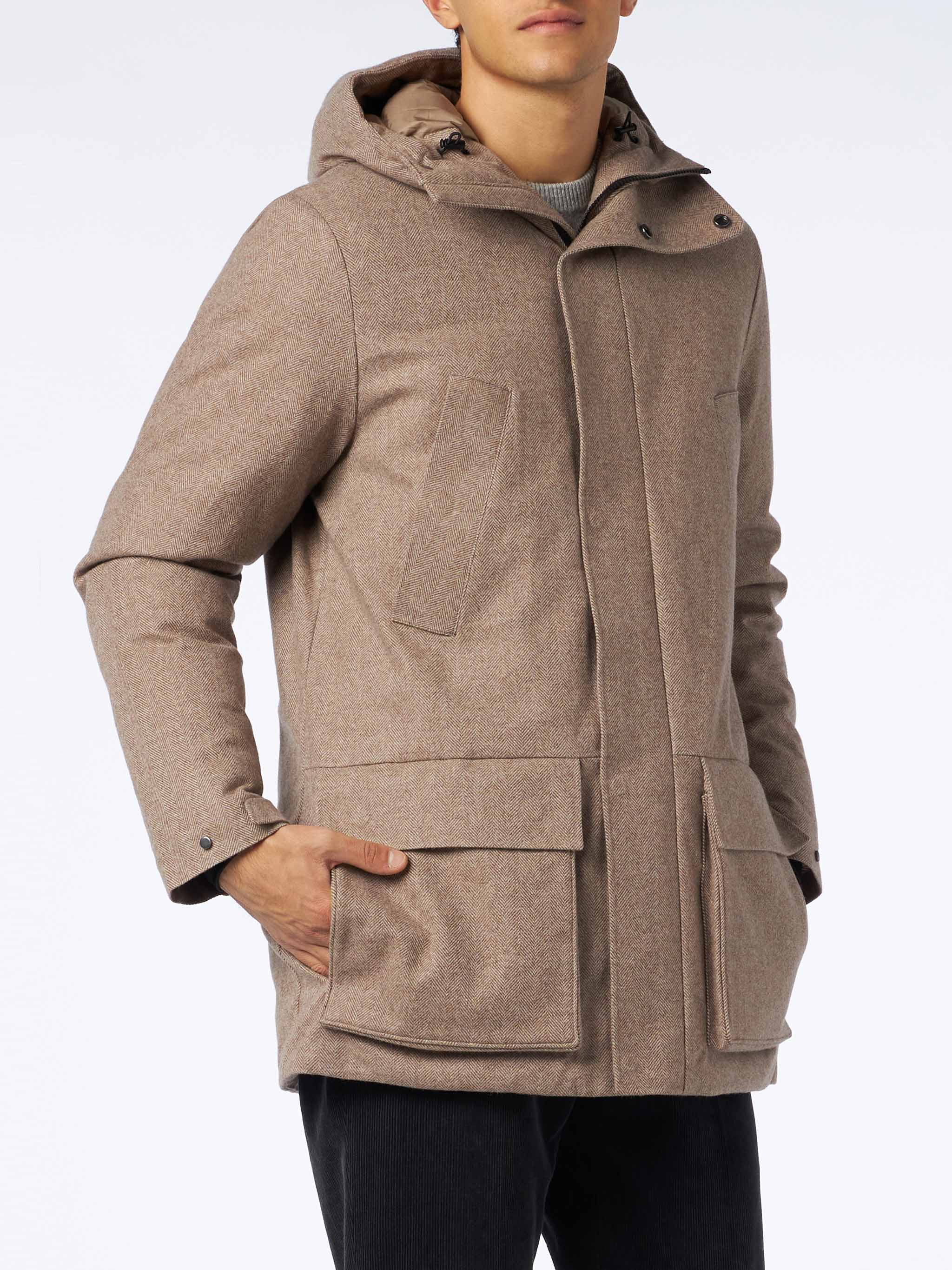 Man Hooded Parka Voyager With Herringbone Print __single__ Jacket