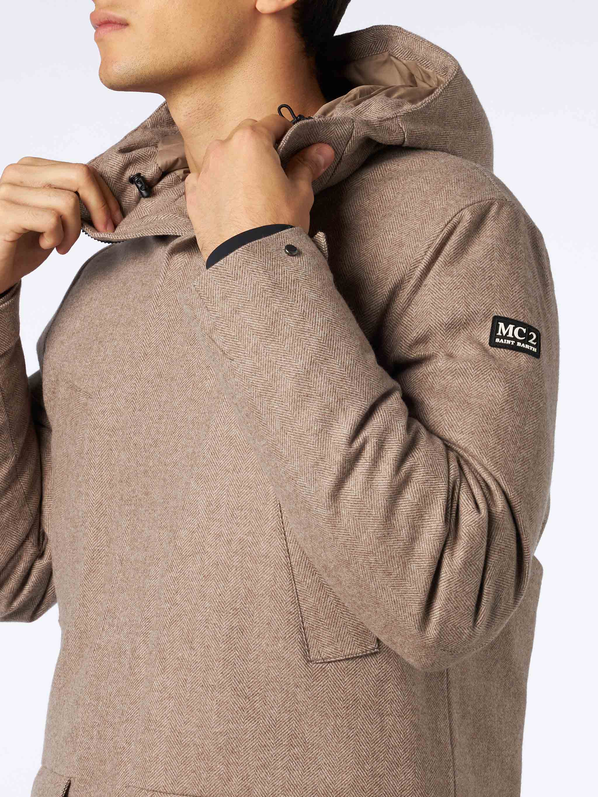 Man Hooded Parka Voyager With Herringbone Print __single__ Jacket