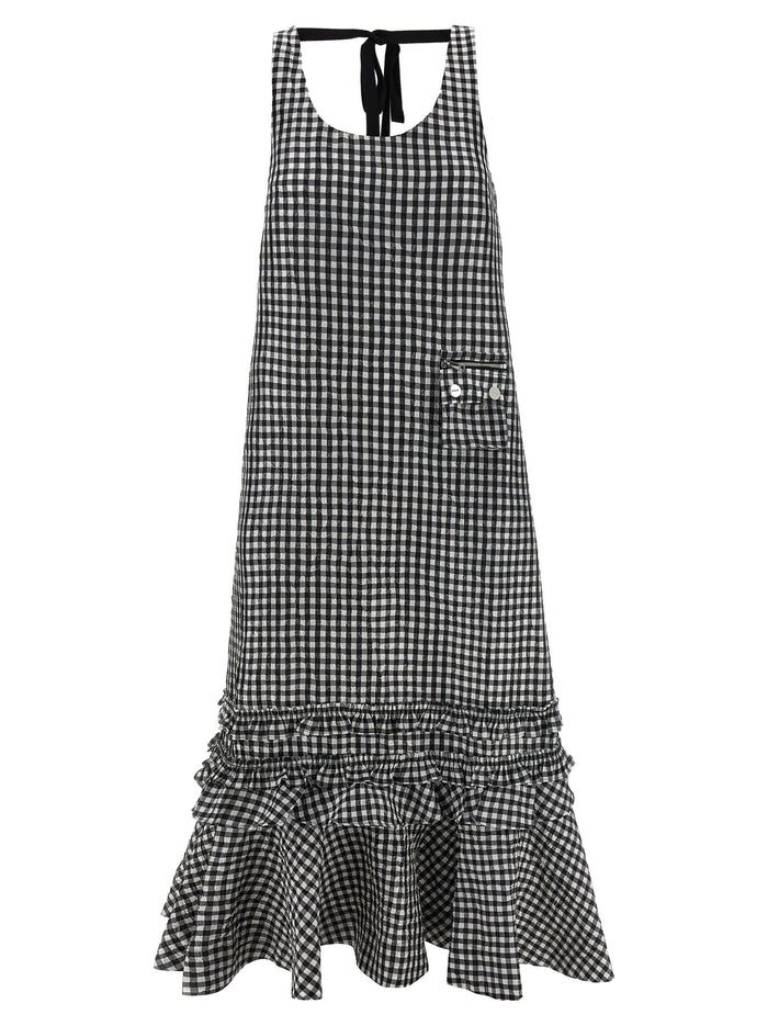 Crinkled Check Long dress Black Polyester