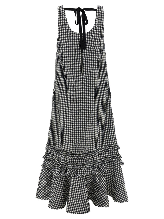 Crinkled Check Long dress Black Polyester