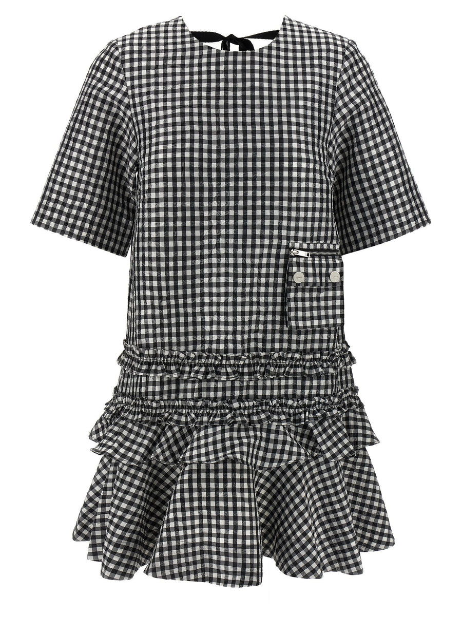 Ganni Crinkled Vichy Check Dress — Black