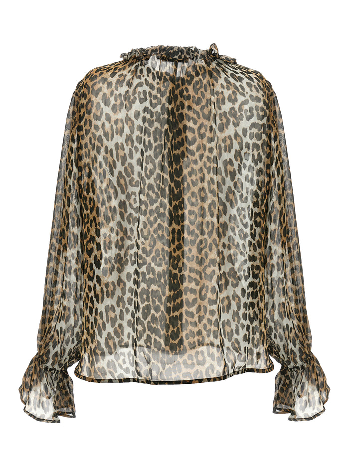 Leopard Print Chiffon Tie String shirt Multicolor Viscose Shirt, Blouse