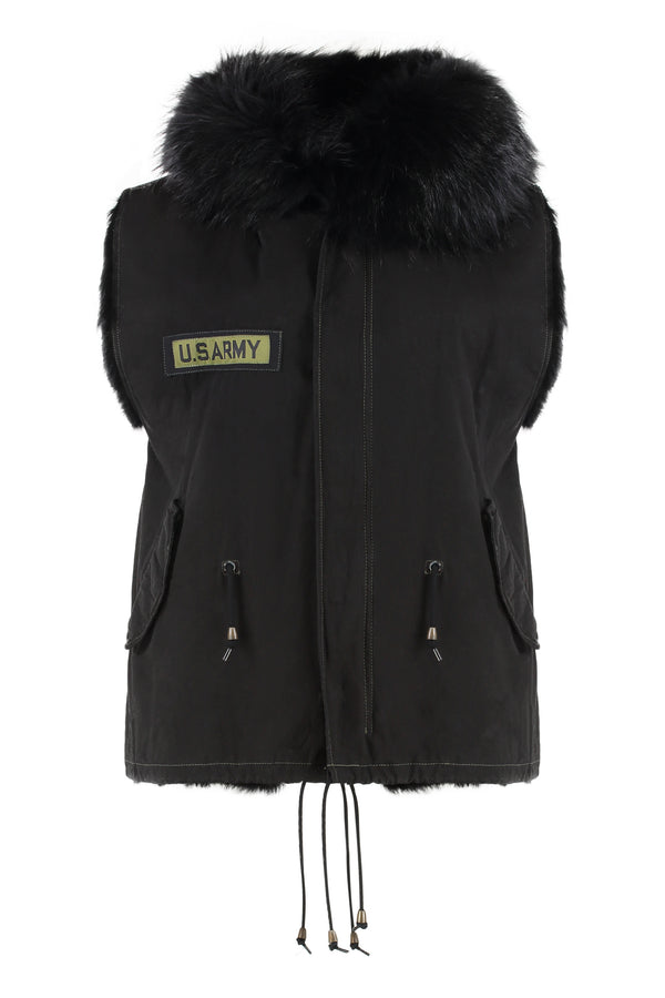 Sleeveless Fur-Trim Vest Black Shell Cotton Waistcoats & Gilets