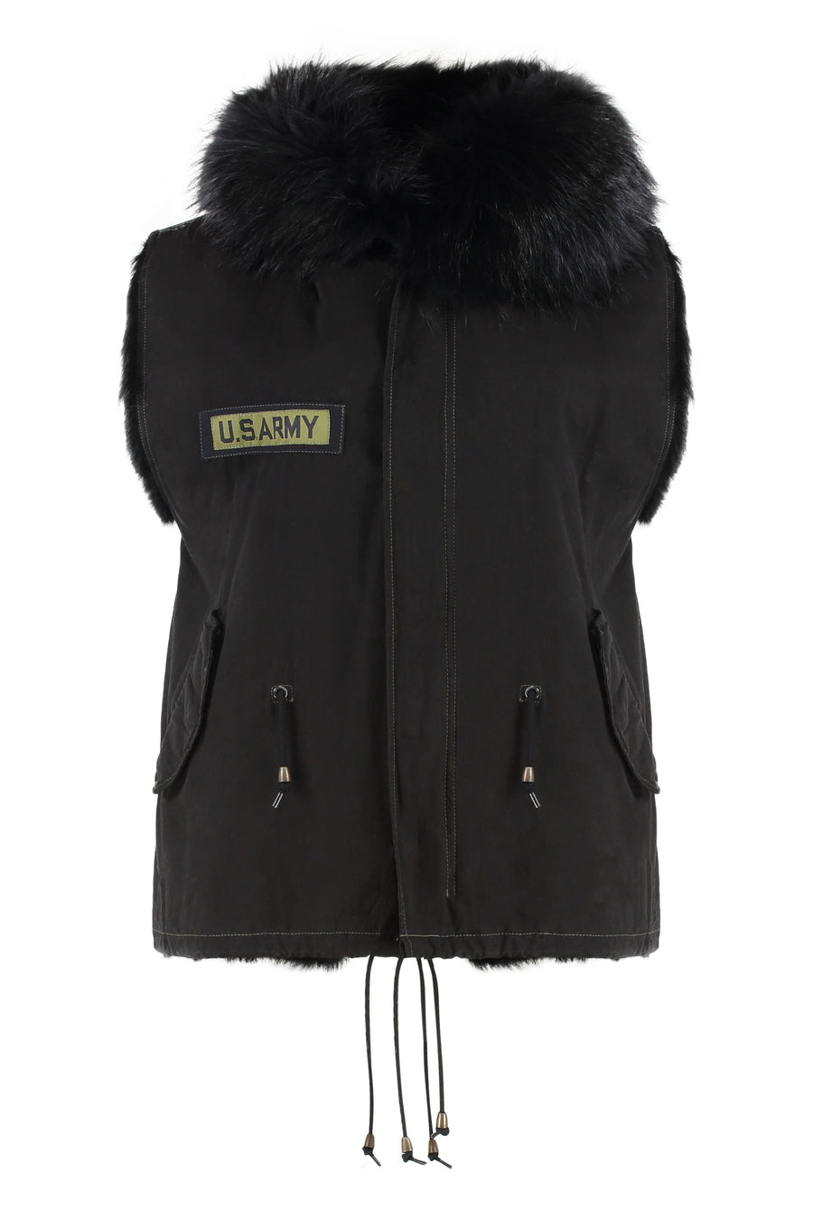 Sleeveless Fur-Trim Vest Black Shell Cotton Waistcoats & Gilets