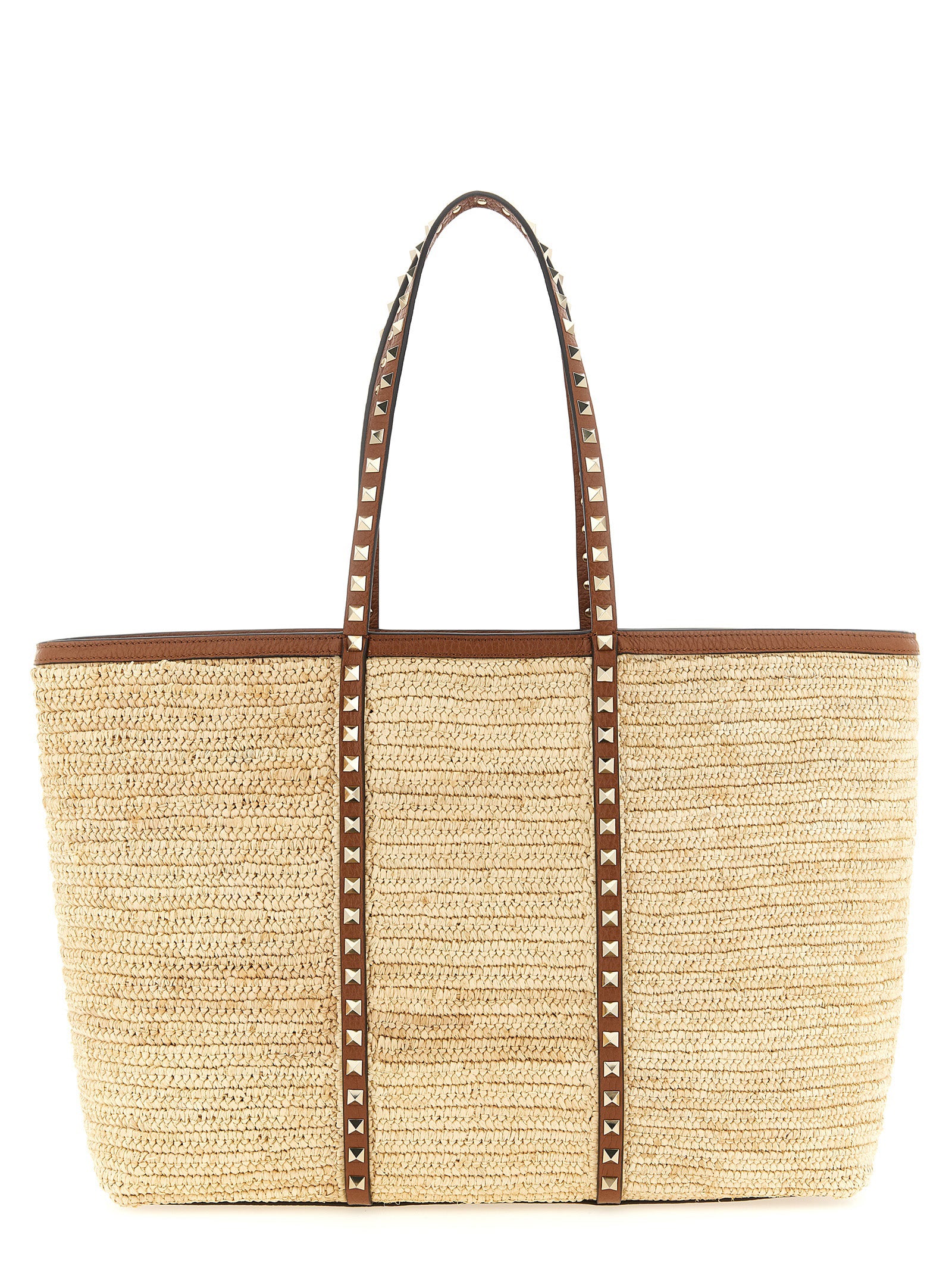 Valentino Garavani Rockstud Large Shopping Bag Beige Straw Tote