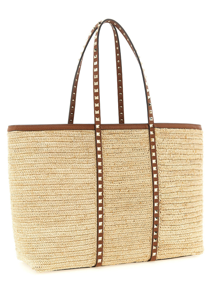 Valentino Garavani Rockstud Large Shopping Bag Beige Straw Tote