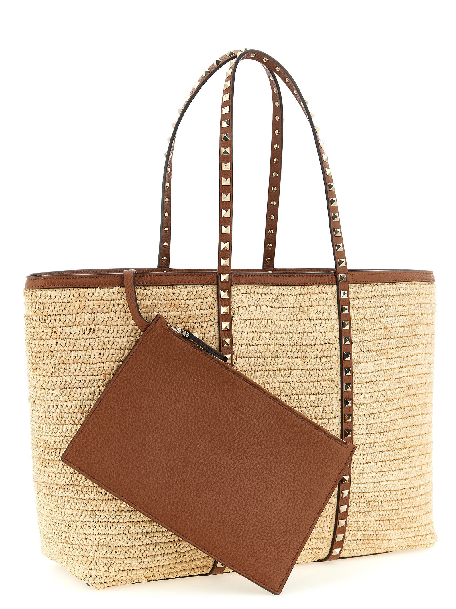 Valentino Garavani Rockstud Large Shopping Bag Beige Straw Tote