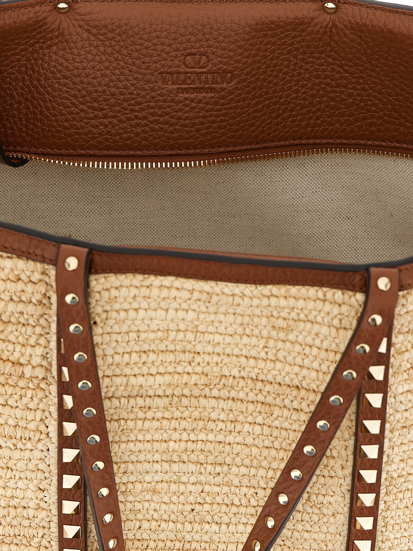 Valentino Garavani Rockstud Large Shopping Bag Beige Straw Tote