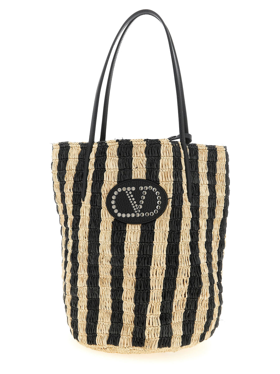 Valentino Garavani Striped Raffia Tote Bag — Cream