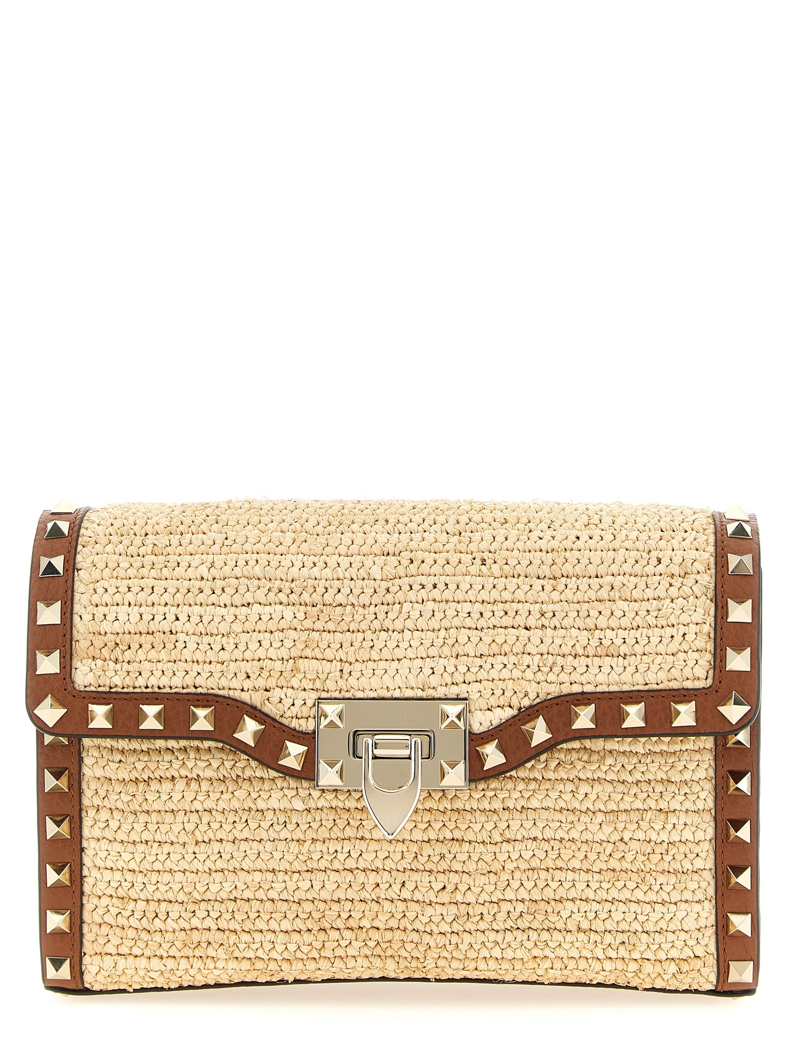Valentino Garavani Rockstud Small Shoulder Bag Beige Straw Crossbody