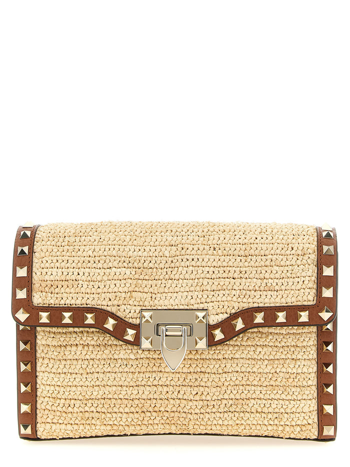 Valentino Garavani Rockstud Small Shoulder Bag Beige Straw Crossbody
