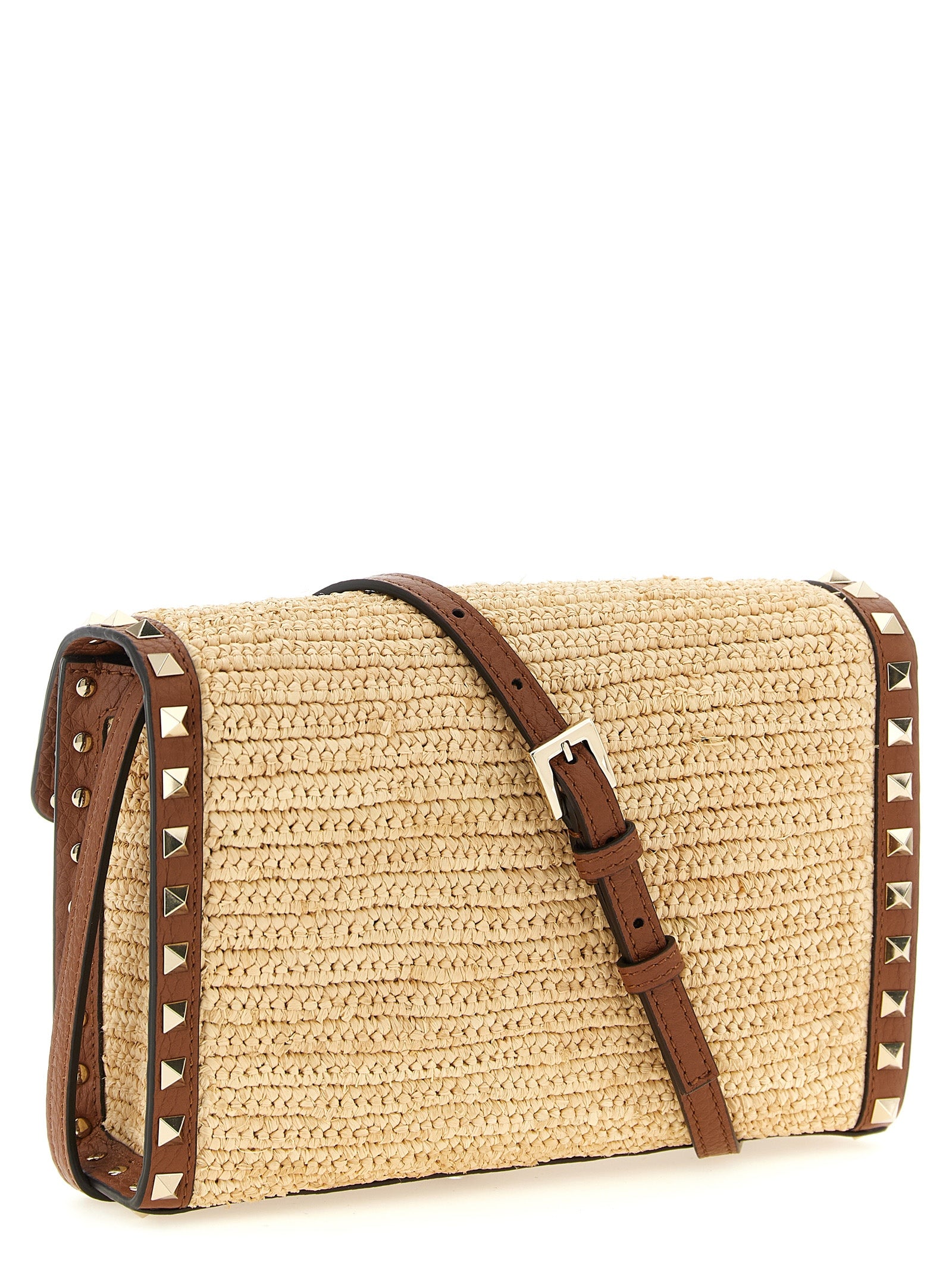Valentino Garavani Rockstud Small Shoulder Bag Beige Straw Crossbody