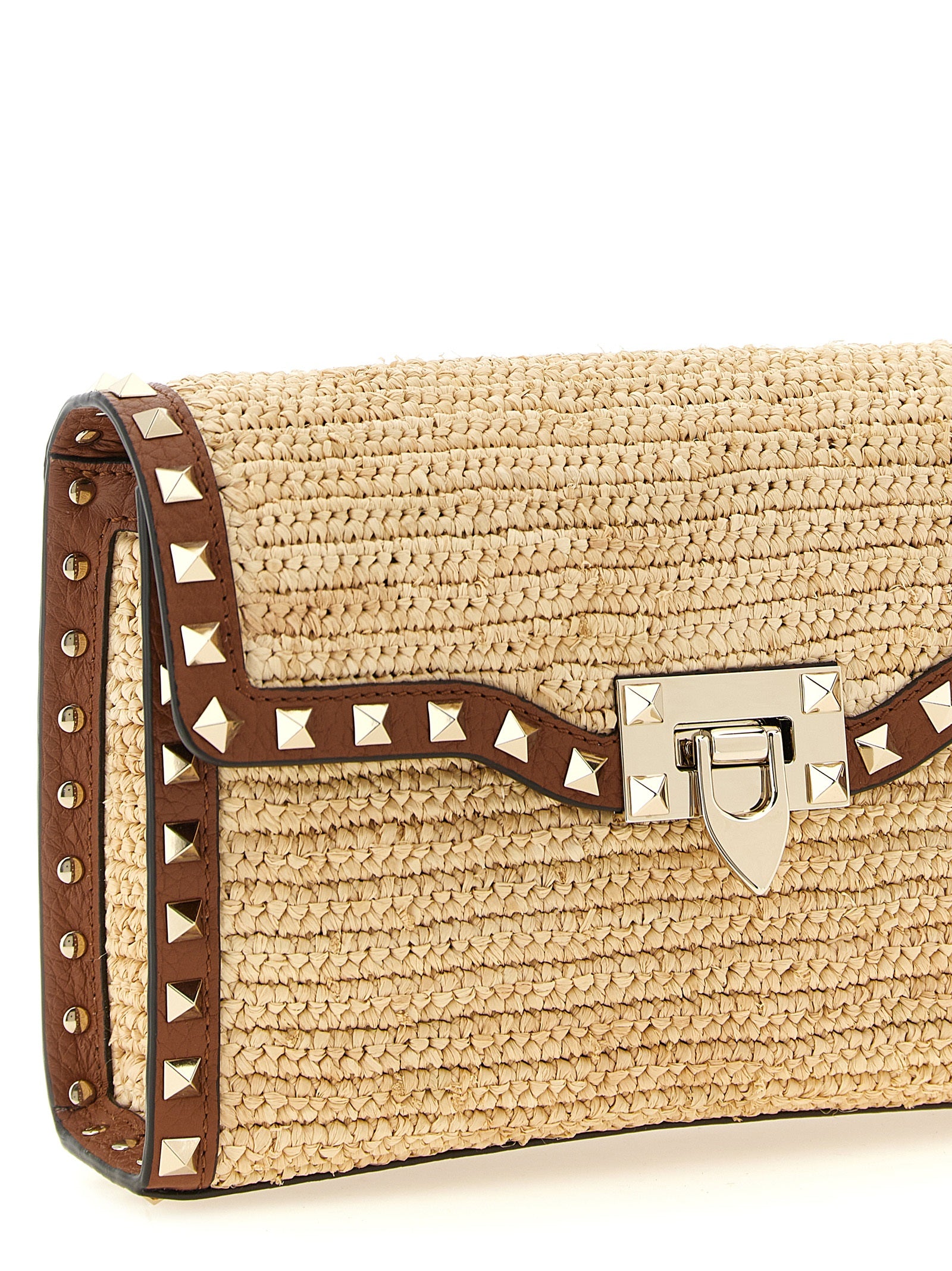 Valentino Garavani Rockstud Small Shoulder Bag Beige Straw Crossbody