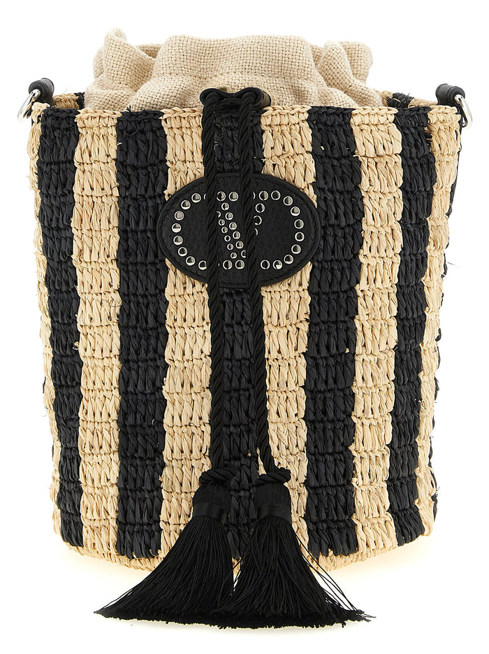 Valentino Garavani Raffia Small Bucket Bag Black Straw Shoulder