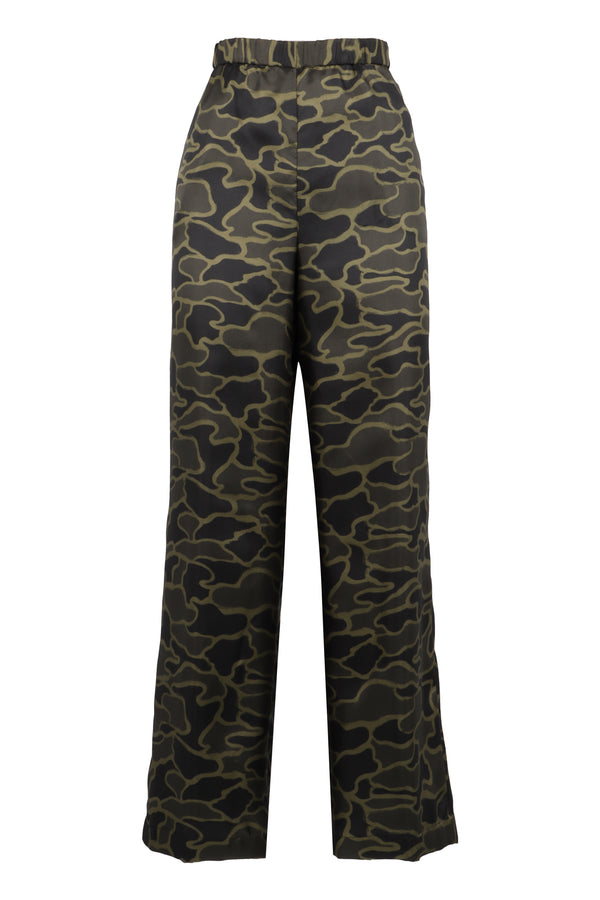 Camouflage Printed Silk Pants Green Straight Trousers