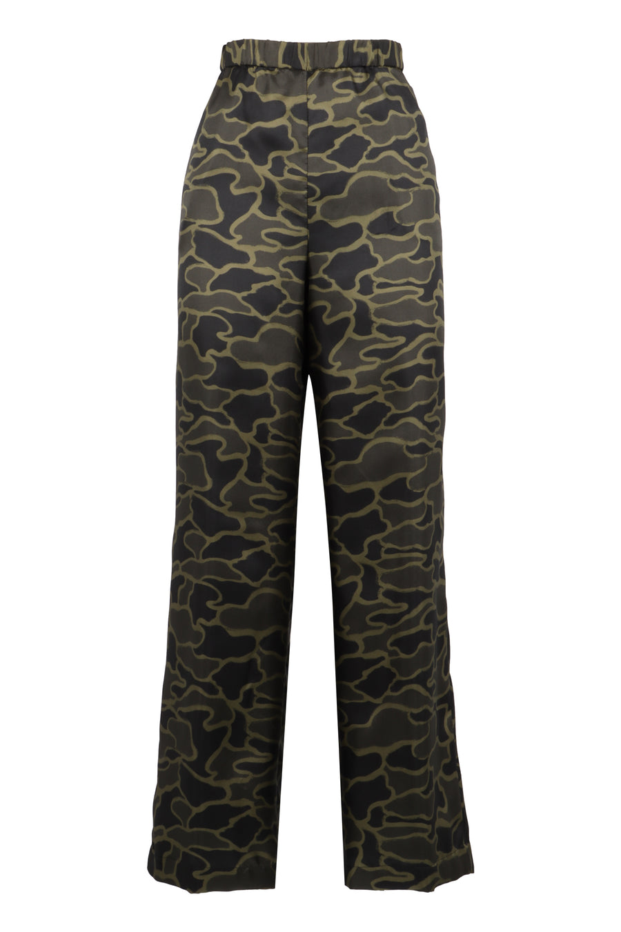 Camouflage Printed Silk Pants Green Straight Trousers