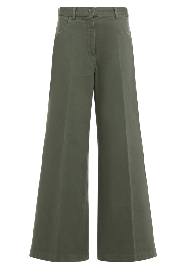 Olive Green Loose-Fitting Pants Cotton Flared Trousers