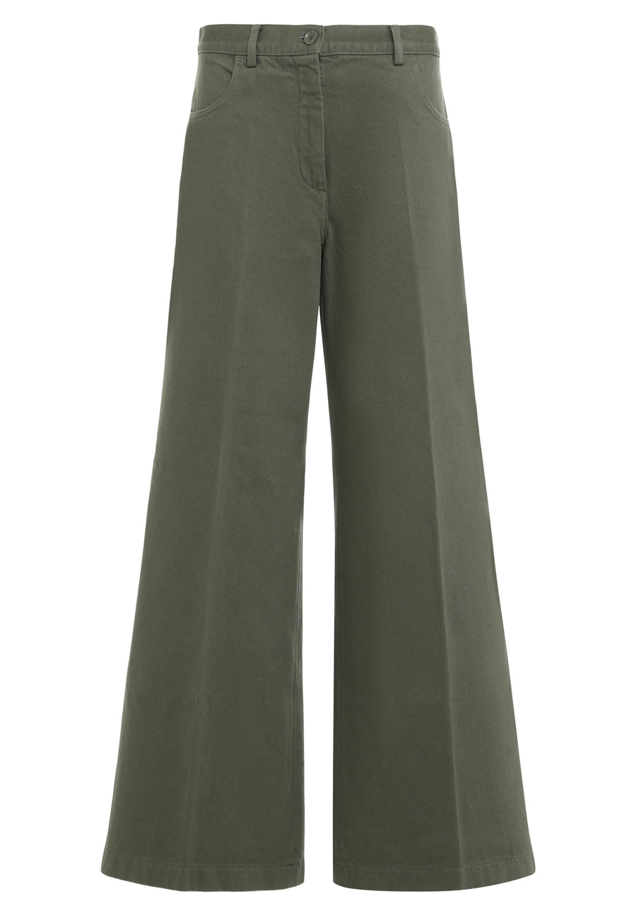 Olive Green Loose-Fitting Pants Cotton Flared Trousers