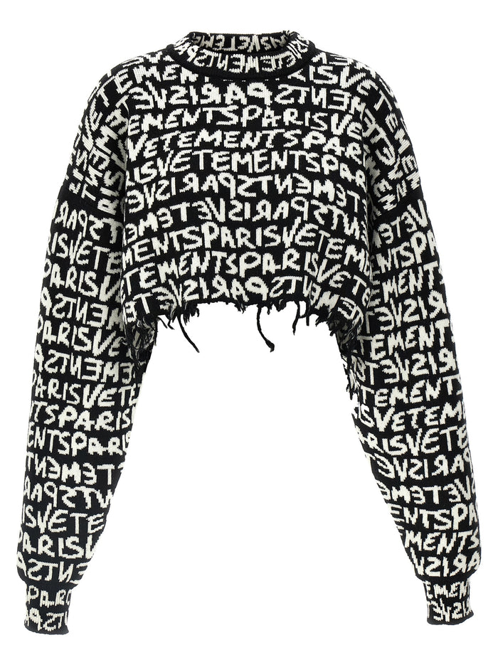 Vetements Paris Monogram cropped sweater White/black Merino Wool Sweater, Cardigans