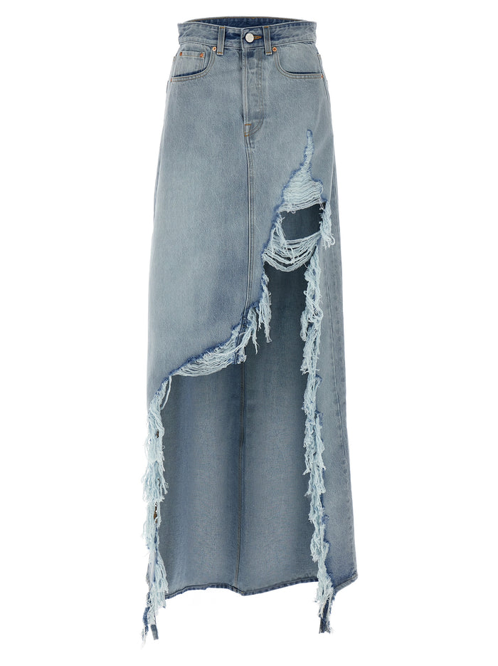 Destroyed Denim Maxi Skirt Blue Cotton