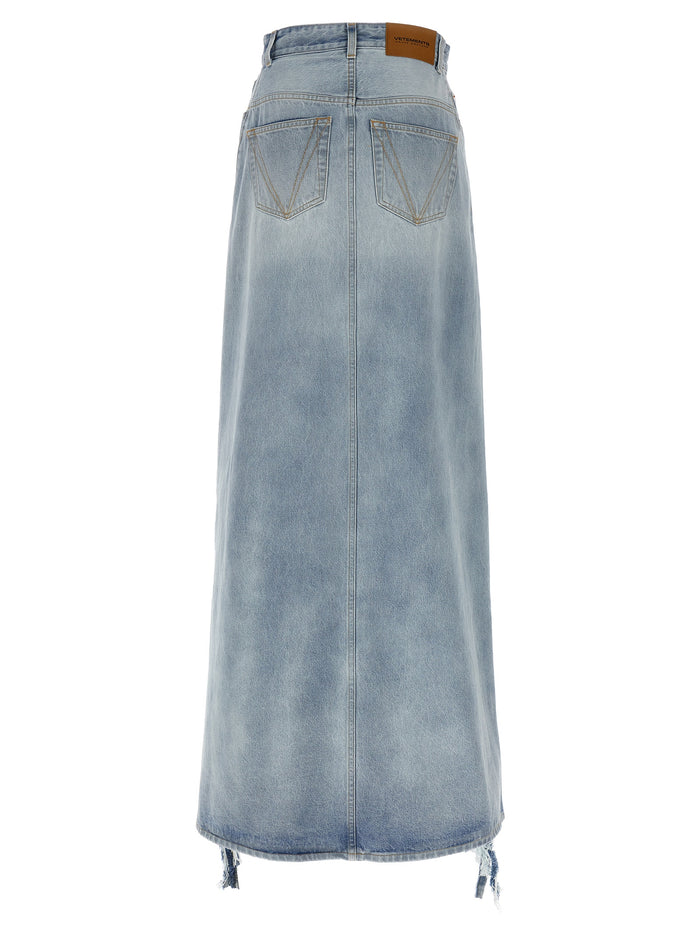 Destroyed Denim Maxi Skirt Blue Cotton