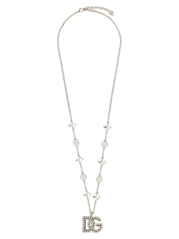 Dolce & Gabbana DG Logo Crystal-Studded Necklace — Silver