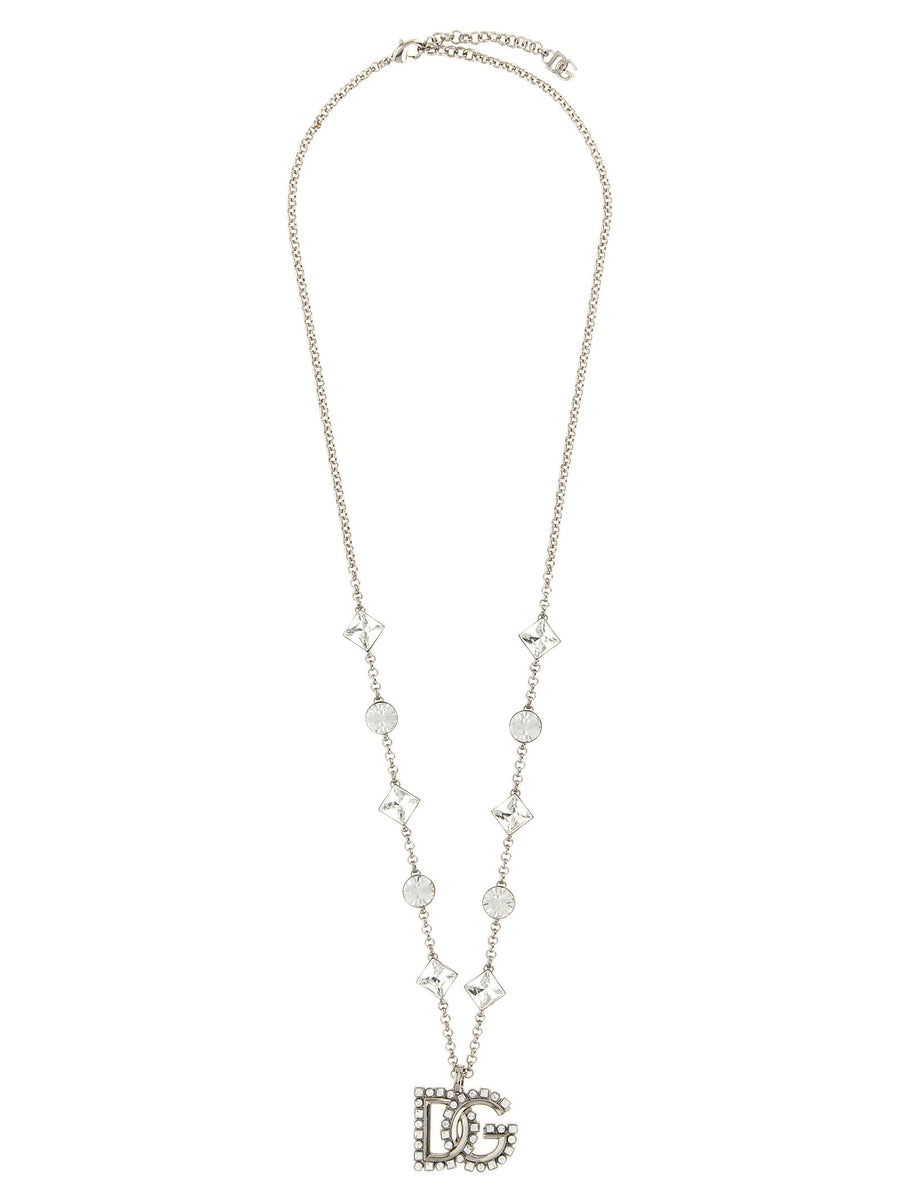 Dolce & Gabbana DG Logo Crystal-Studded Necklace — Silver