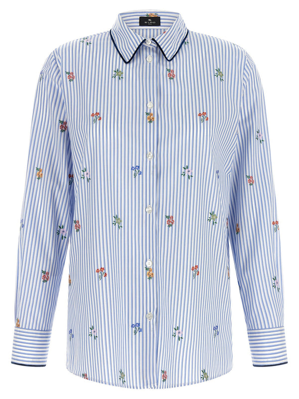 Etro Floral-Embroidered Striped Cotton Shirt — Blue