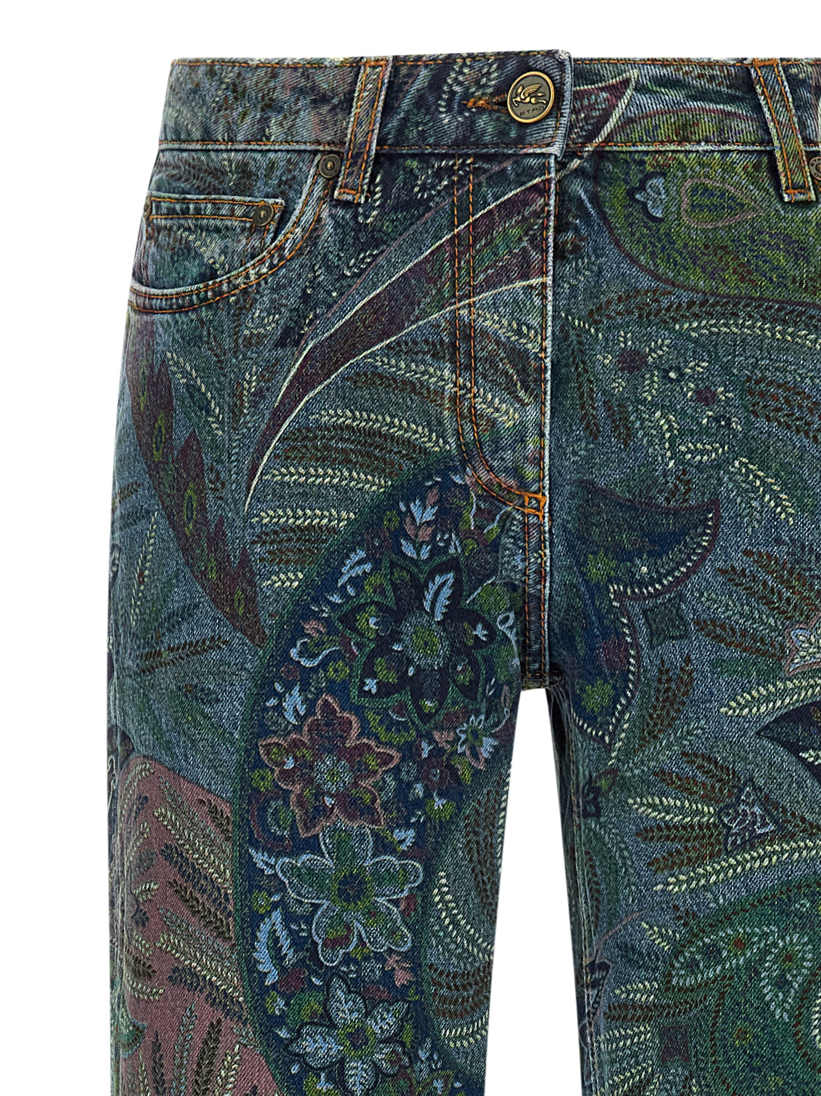 Floral Print Jeans Blue Cotton