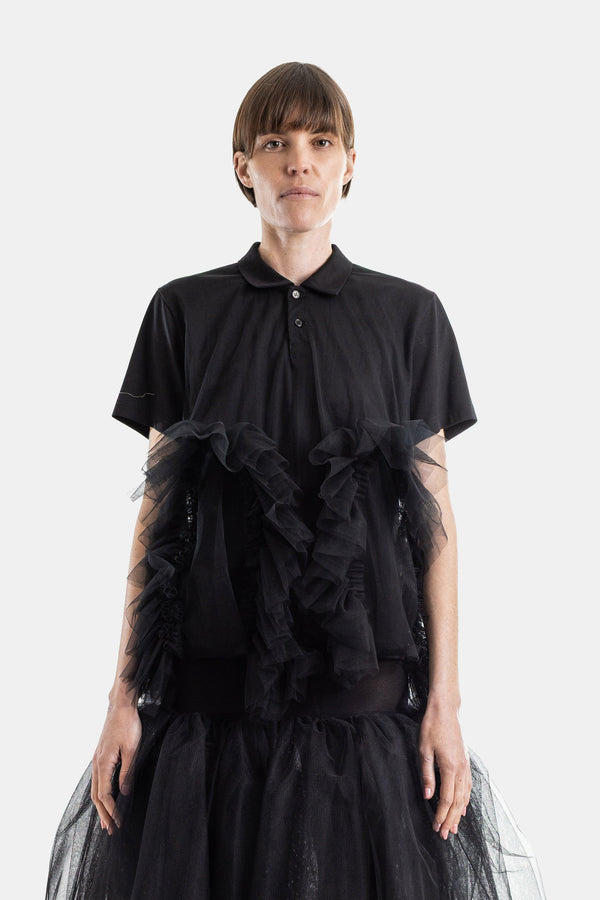Noir Kei Ninomiya Piqué knit cotton with tulle (polyester) polo shirt in black
