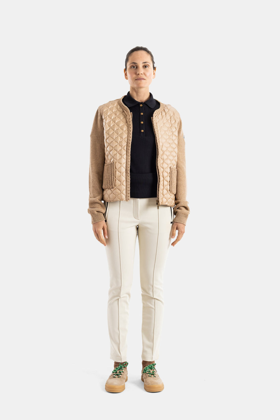 Moncler Camel knit with scale quilting cardigan jacket in camel