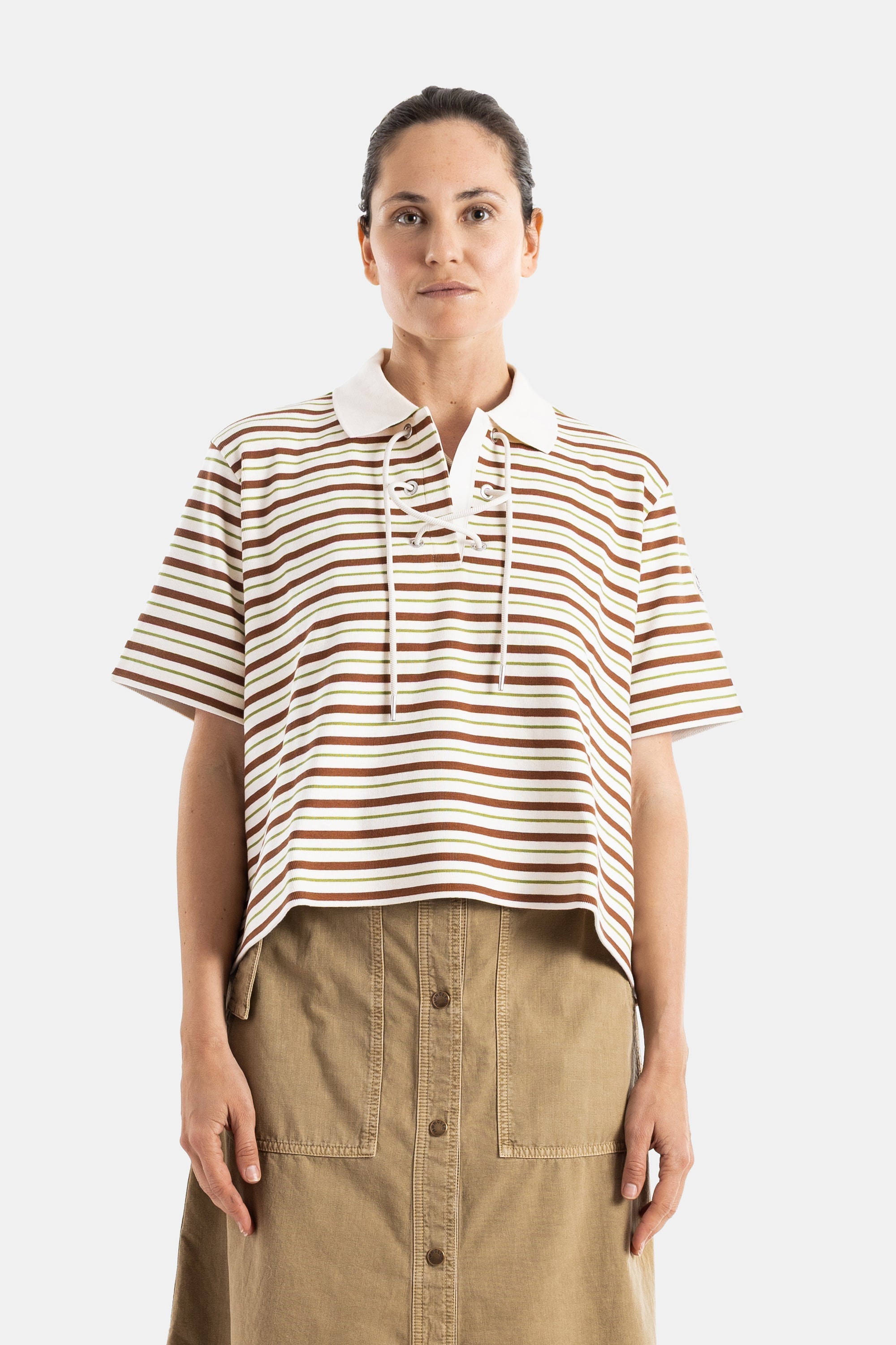 Brown And Green Striped Cropped Lace-Up Polo Polos